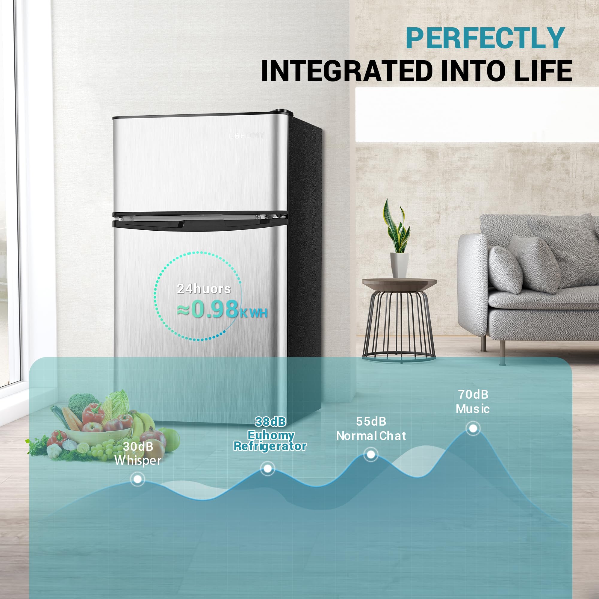 EUHOMY 3.1 Cu.Ft Mini Fridge with Freezer - Compact 2 Door Refrigerator for Dorm, Bedroom, Office & Apartment - Perfect for Food Storage, Beverages, Beer & Wine Cooling - Energy Efficient Small Fridge (Silver)