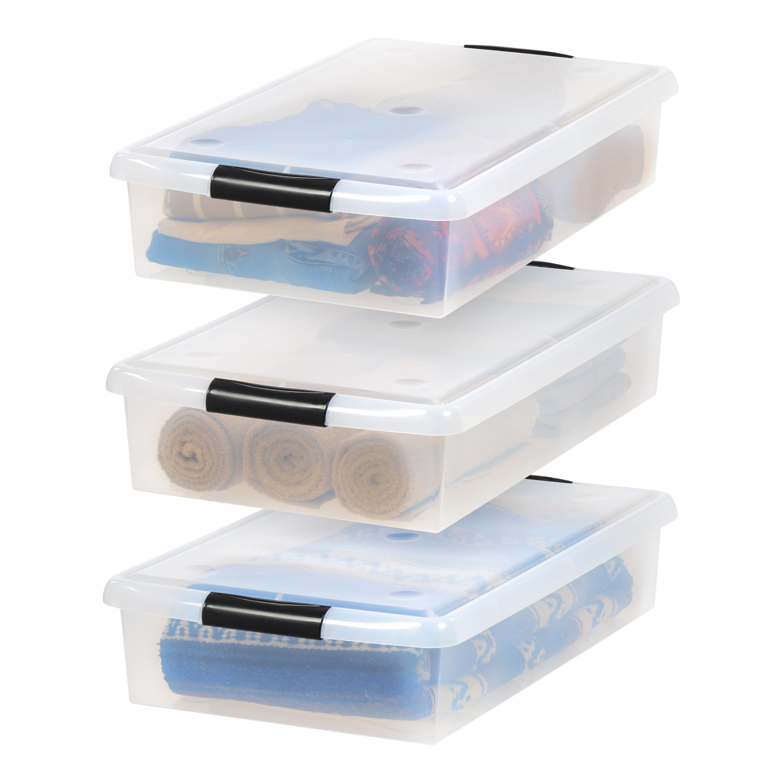 IRIS USA 40 Qt Under Bed Storage Organizer - 3-Pack Nestable Plastic Bins with Secure Lids & Durable Buckles | Space-Saving Clothes, Shoes & Bedding Storage Solution for Dorm, Apartment & Home Organization