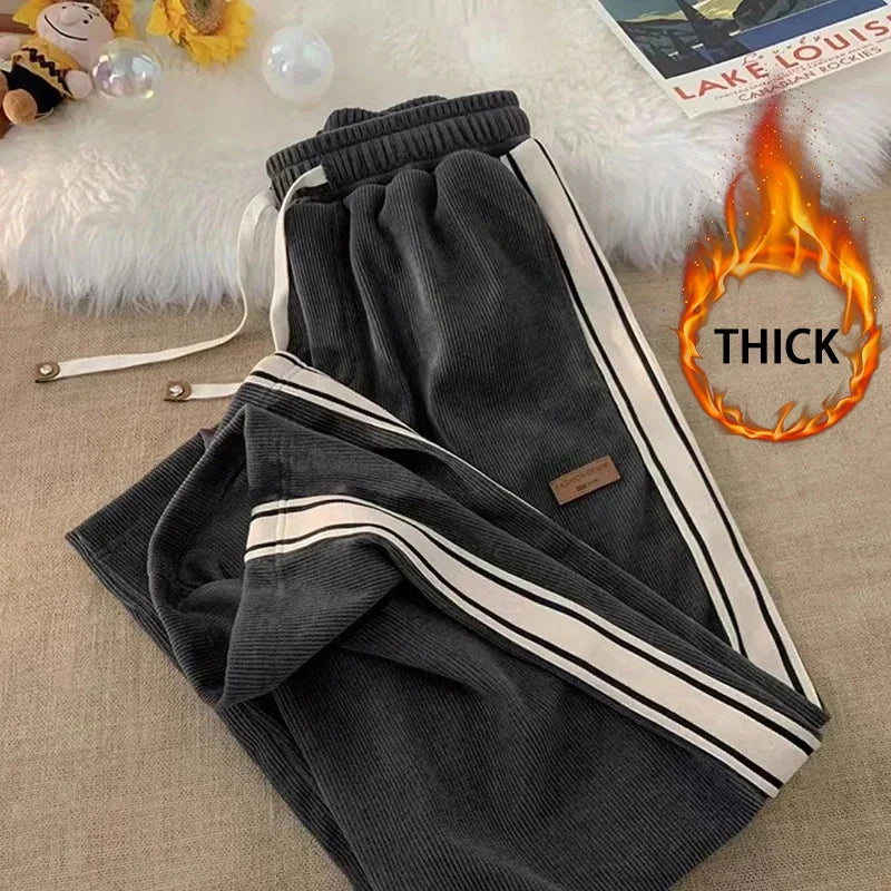 Women's Corduroy Striped Sweatpants - Y2K Harajuku Streetwear Wide Leg Joggers | High Waist Baggy Pants for Casual Wear, Korean Fashion & Loungewear