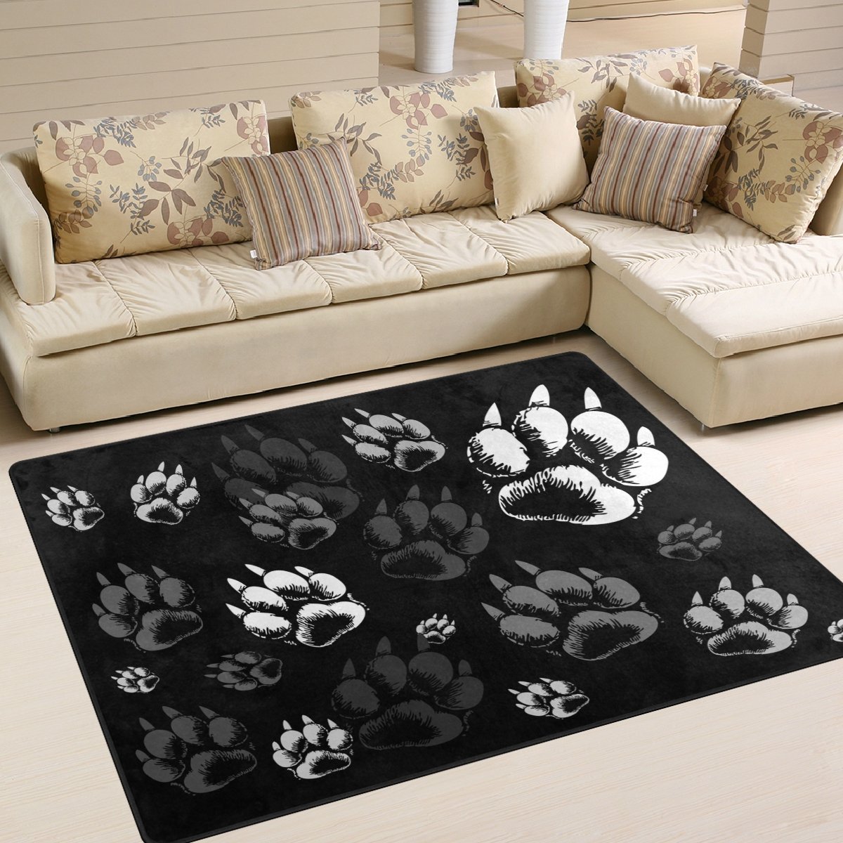 ALAZA Abstract Wolf Paw Print Black Area Rug 7' x 5' - Soft Non-Slip Living Room Rug, Bedroom Carpet for Home Decor, Pet-Friendly Floor Mat for Hallway & Nursery