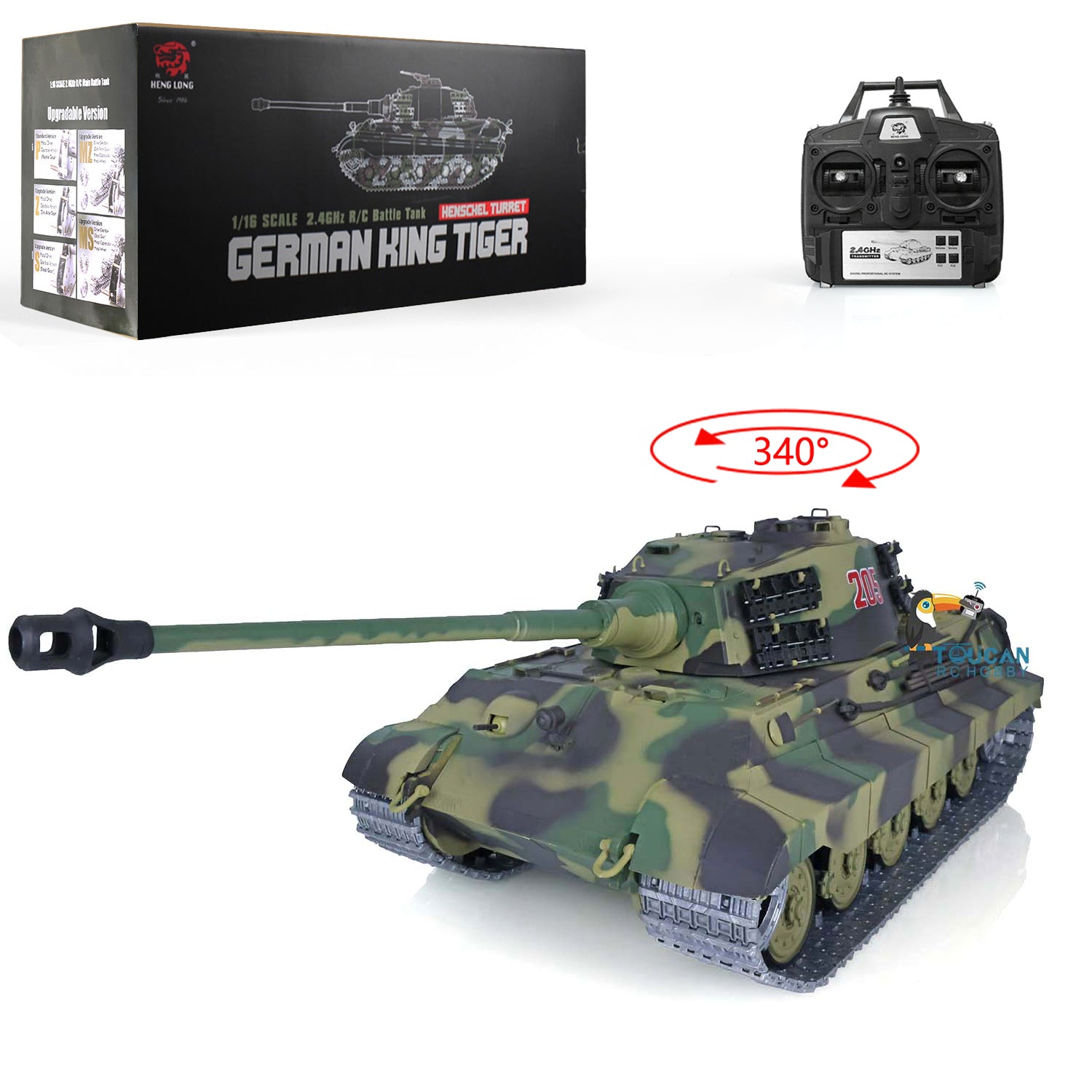 2.4Ghz Henglong 1:16 Scale German King Tiger RTR RC Tank - 3888A Model with Metal Tracks, 340° Rotating Turret & Steel Gearbox | US Stock | Battle Simulation & Collectible Display
