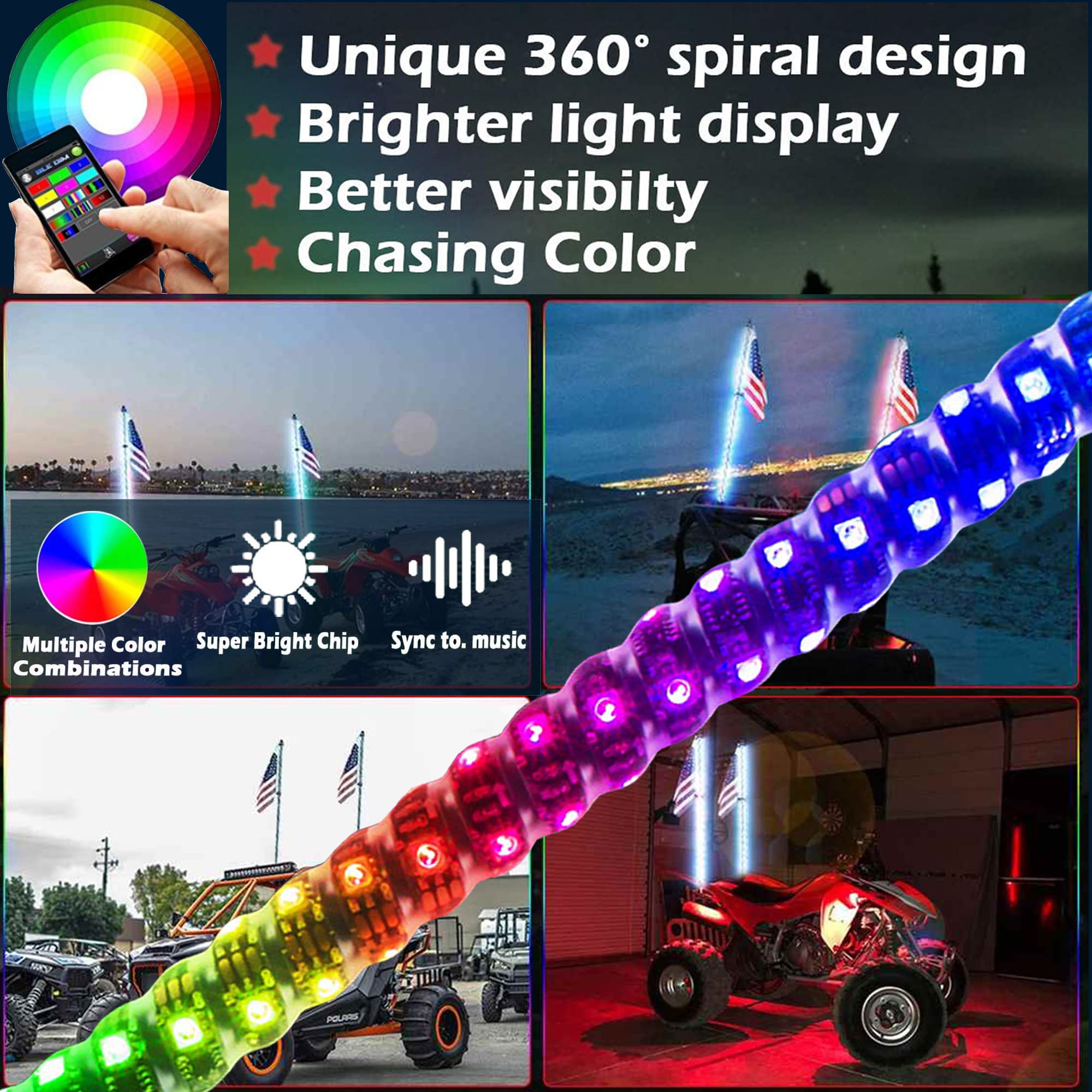 2PC 3FT RGB LED Whip Lights with APP Control - 360° Spiraling Rising Dancing Dreamcolor Flag for UTV, ATV, Off-Road, Sand Buggy & Dune RZ | Perfect for Night Rides, Off-Road Racing & Desert Adventures