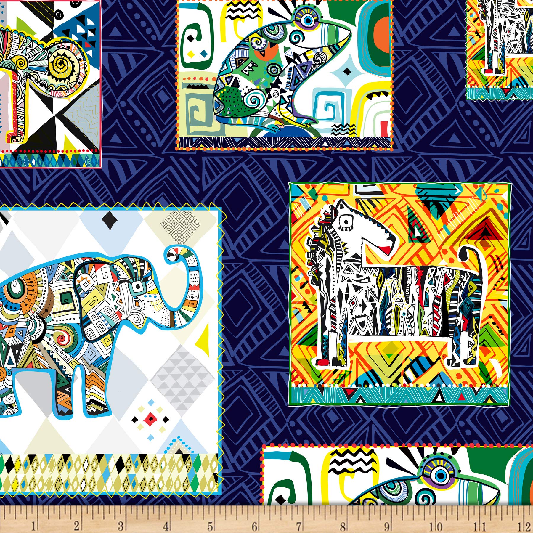 QT Quilt Fabrics - Wild Side Geometric Animal Patchwork Fabric in Navy Blue - Perfect for DIY Quilting, Home Decor & Craft Projects