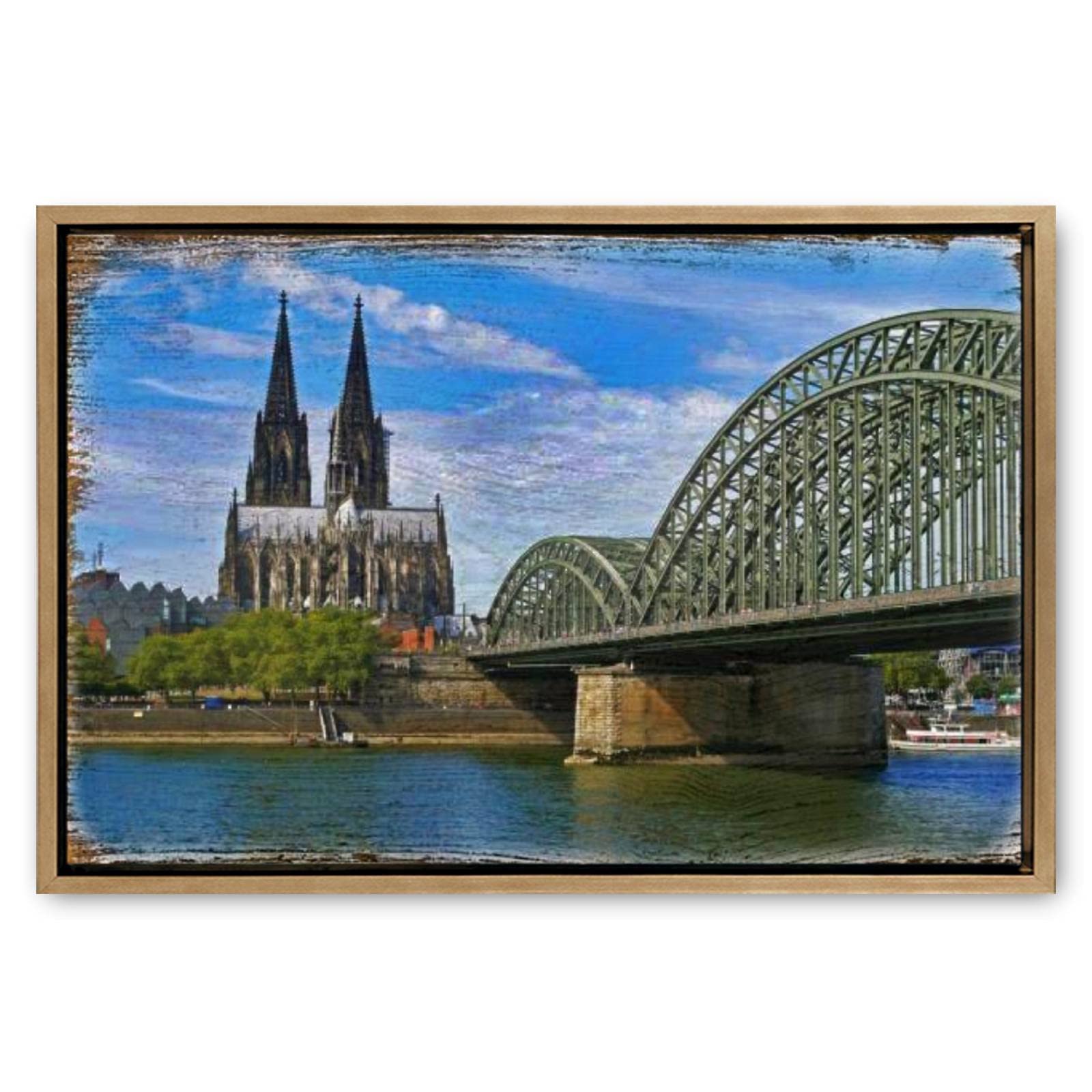 Large Wooden Framed Canvas Wall Art - Cologne Cathedral & Hohenzollern Bridge Landscape Painting - Germany Travel Inspired Decor for Living Room, Bedroom, Office - Ready to Hang Home Decoration for Modern & Classic Interiors