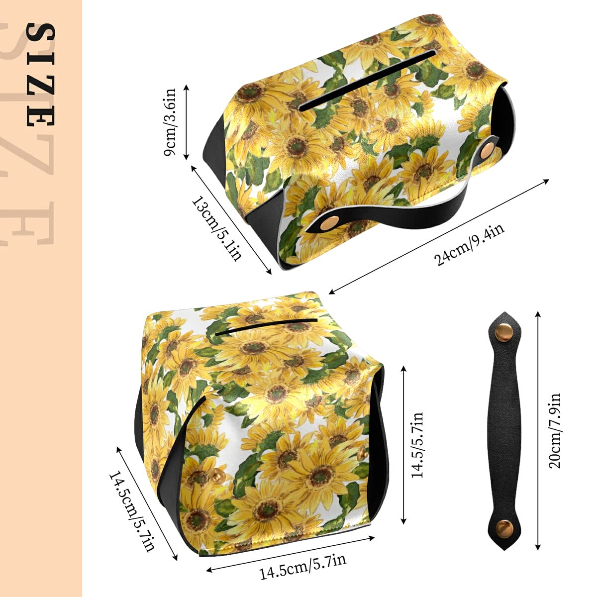 Premium PU Leather Sunflower Tissue Box Cover - Rectangle Hanging Tissue Dispenser for Countertops, Nightstands & Bathrooms | Home & Office Decor