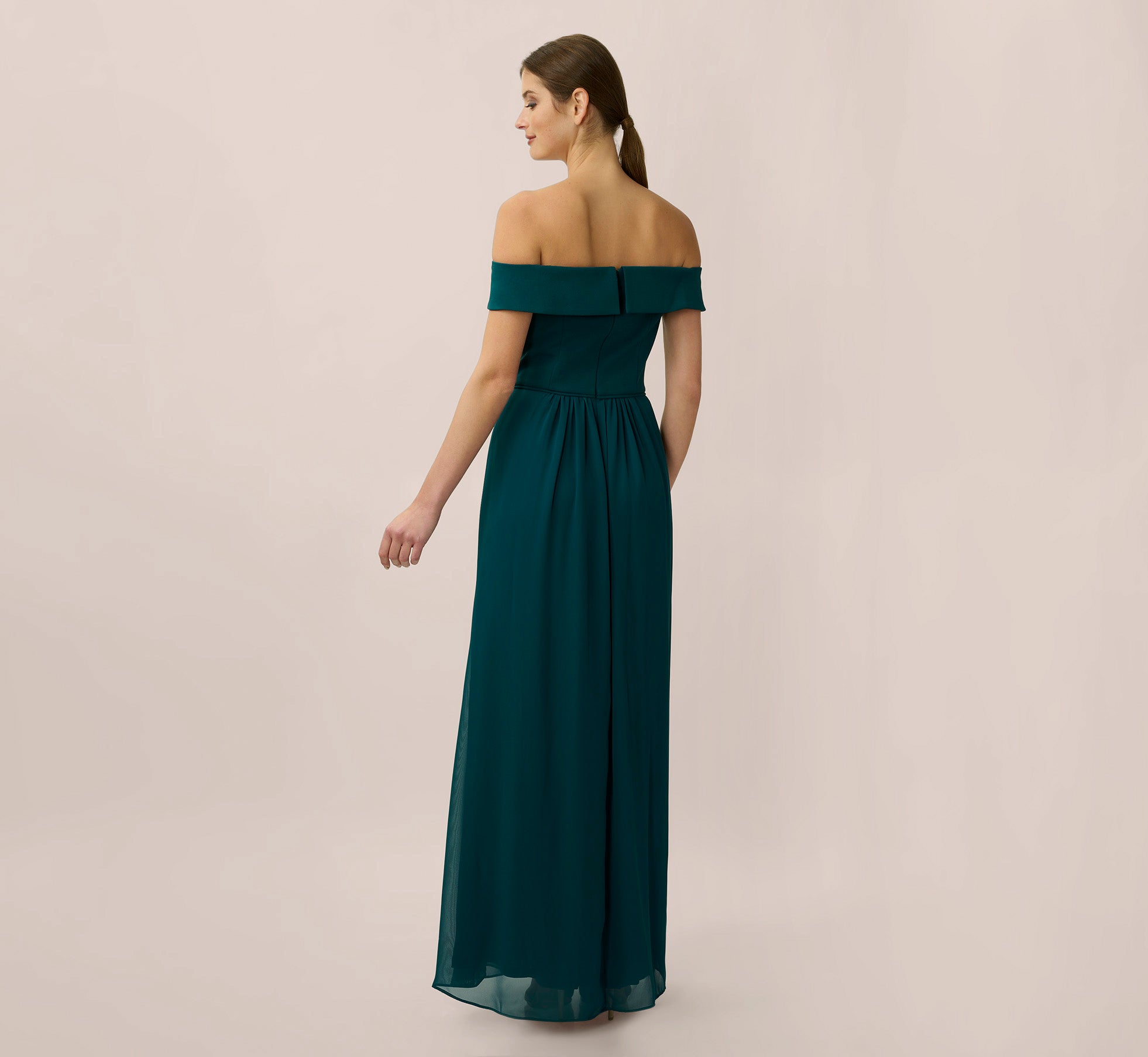 Elegant Off-The-Shoulder Crepe Chiffon Evening Gown with Flowy Soft Skirt in Hunter Green - Perfect for Weddings, Prom, and Formal Events