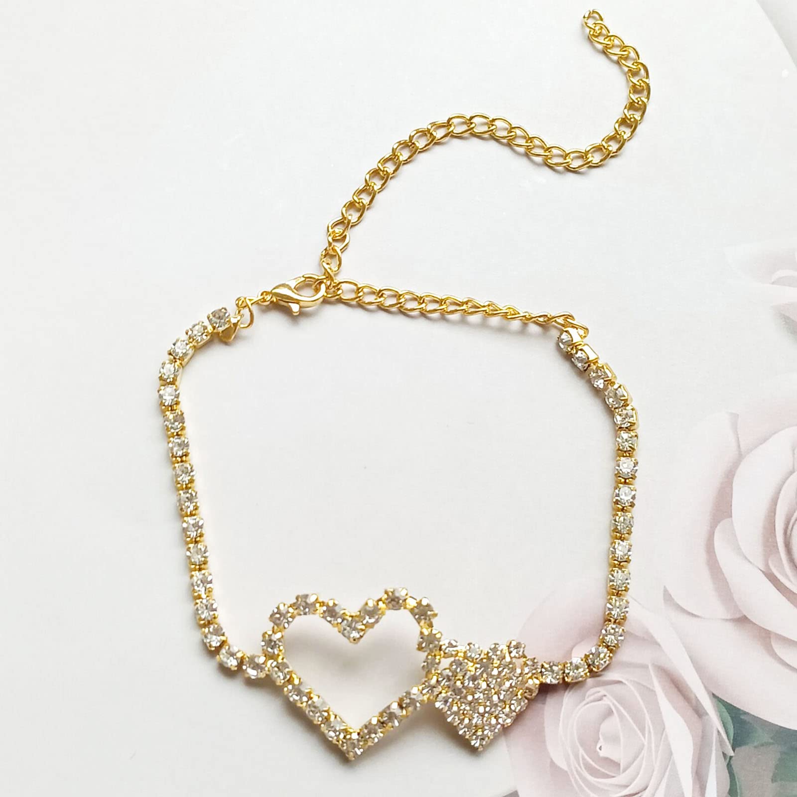 Dishowme Rhinestone Heart Anklet Bracelet - Adjustable Crystal Lariat Foot Chain for Women & Girls - Perfect for Beach, Summer, Boho Fashion & Barefoot Jewelry