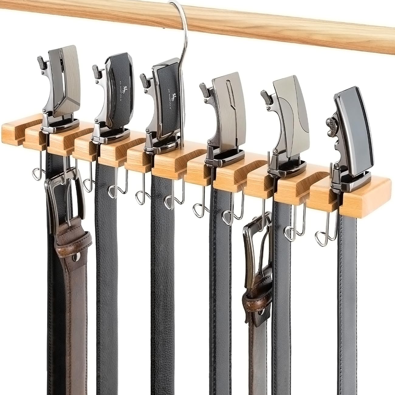2-in-1 Wooden Belt Hanger & Wall Mount Organizer - 12 Slots & 11 Hooks for Ratchet Belts - Space Saving Closet Storage Solution for Men's Accessories - Perfect for Bedroom, Walk-in Closet and Dorm Organization