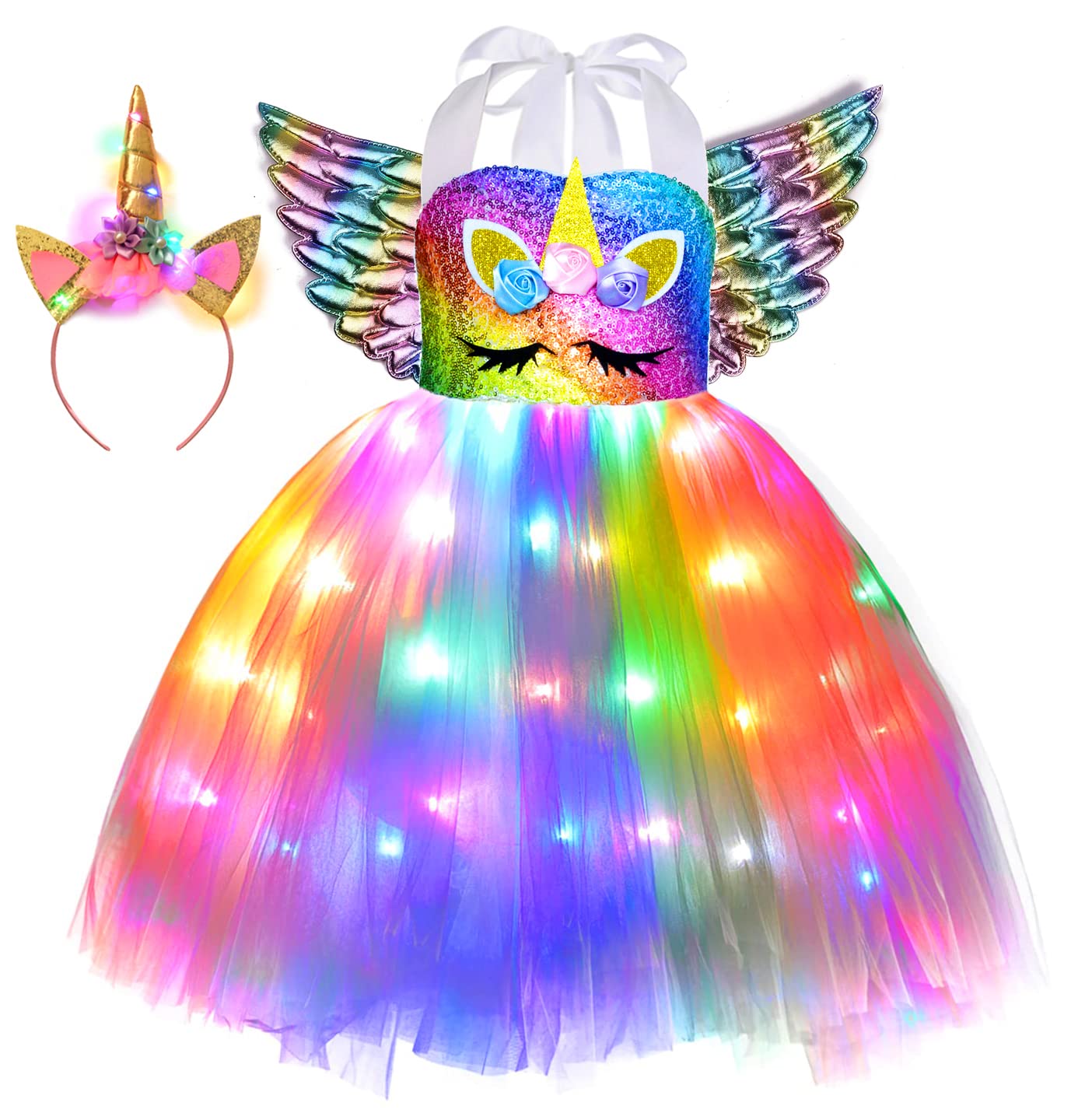 LED Unicorn Costume for Girls - Light Up Rainbow Tutu Dress with Headband for Halloween, Birthday & Holiday Parties | Magical Dress Up & Photo Shoot Outfit