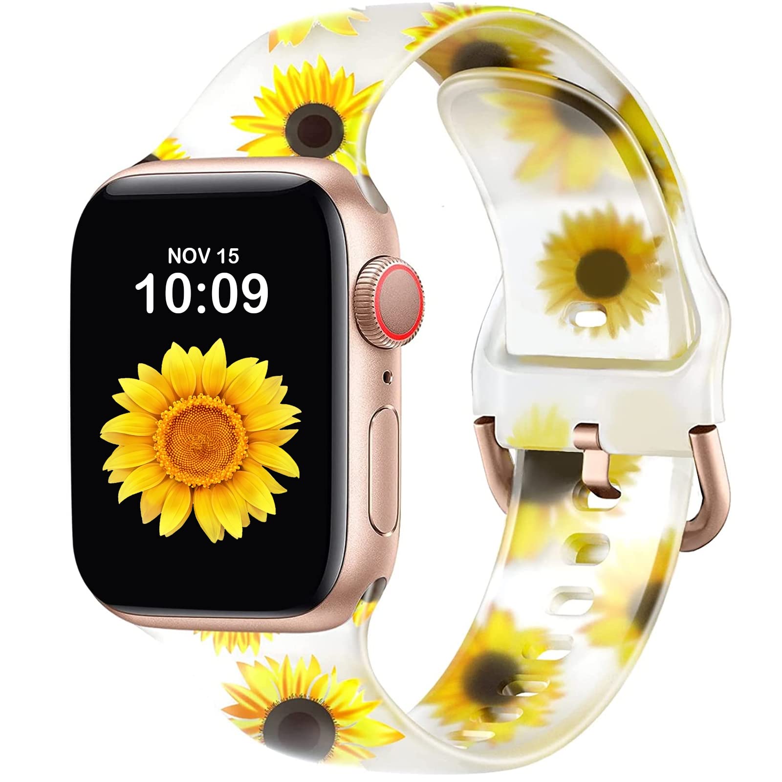 Witzon Soft Clear Silicone Sunflower Print Apple Watch Band - Compatible with 38mm/40mm/41mm/42mm/44mm/45mm/49mm iWatch Series 1/2/3/4/5/6/7/8/SE/Ultra - Women's Replacement Strap for Workout, Running & Daily Wear