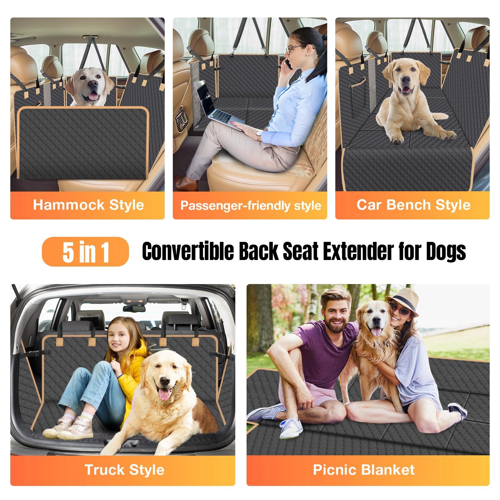 Waterproof Dog Car Seat Cover with Hard Bottom - Back Seat Extender for Dogs, Pet Hammock for SUV, Truck & Sedan - Durable & Easy to Clean - Perfect for Travel, Road Trips & Daily Commutes (Black)