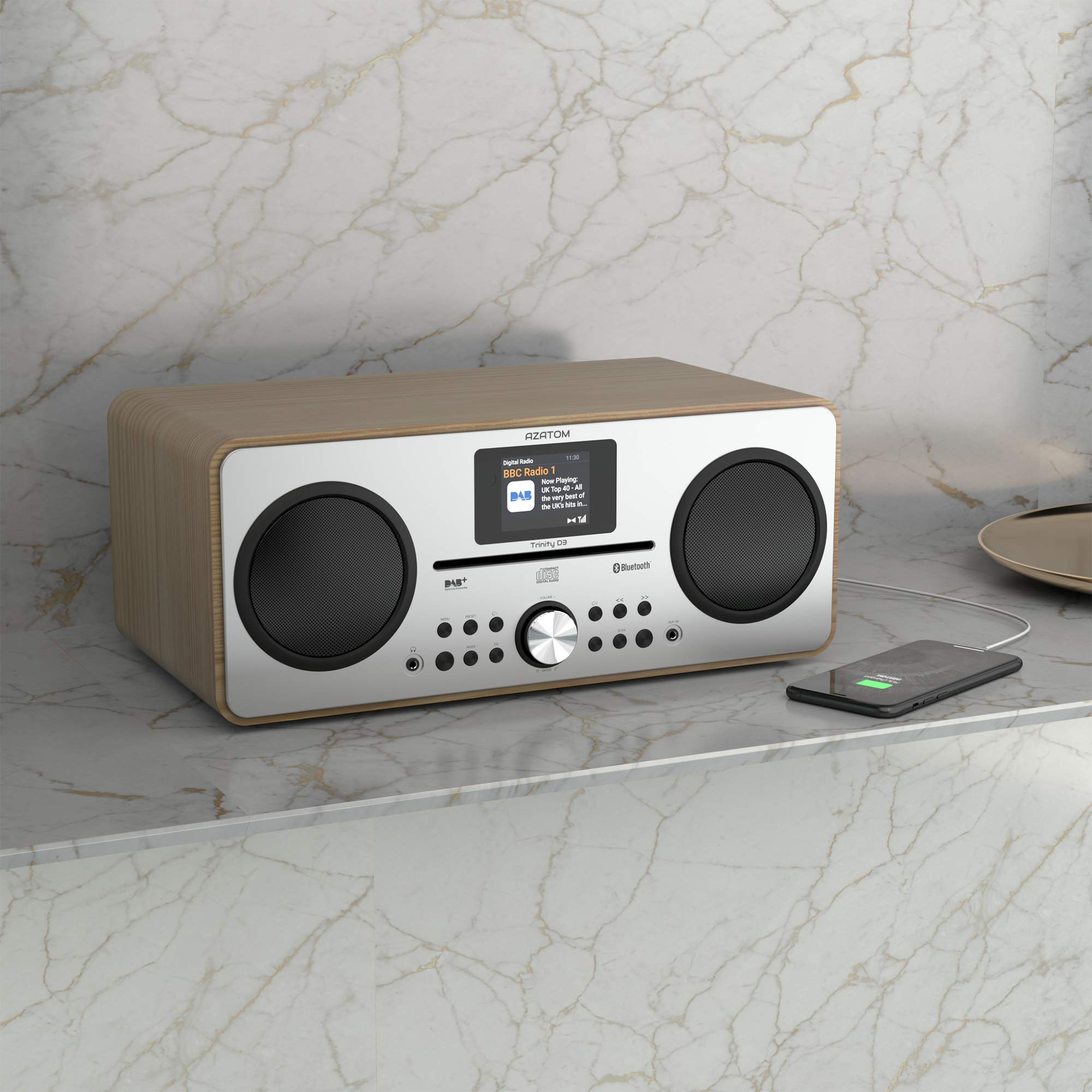 AZATOM Trinity DAB/DAB+ CD Player with FM Radio, Bluetooth 5.0, Stereo Speakers, Digital Clock, USB Charger & Player - Premium Sound Quality (Oak Finish, Refurbished) - Perfect for Home, Office & Bedroom Audio Entertainment