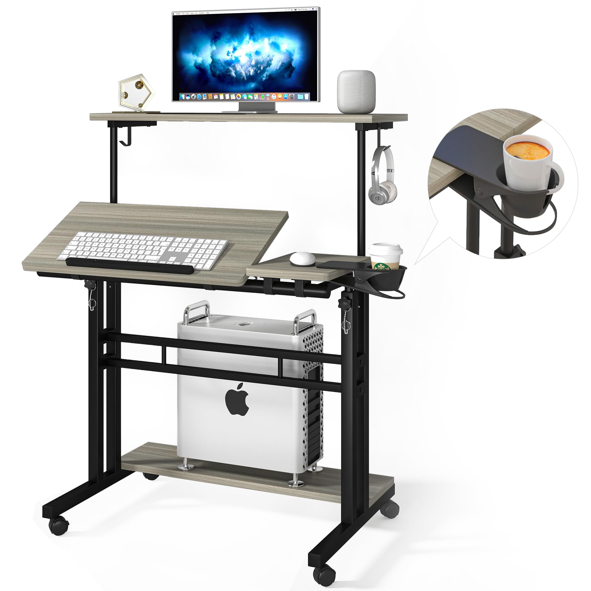 Adjustable Mobile Standing Desk with 3 Desktops & Cup Holder - Portable Rolling Laptop Table for Home Office, Lockable Wheels, Grey Oak - Perfect for Remote Work, Small Spaces & Ergonomic Workstations