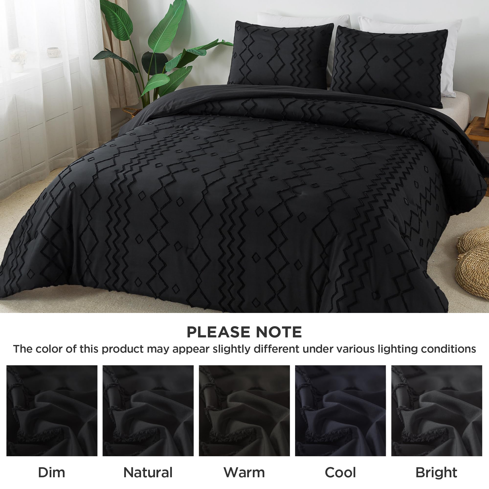 Andency Black Tufted Comforter Set King Size (104x90 Inches) - 3 Piece Boho Farmhouse Bedding with Geometric Design, Soft Microfiber Down Alternative Comforter & 2 Pillowcases - Perfect for Master Bedroom, Guest Room & Cozy Farmhouse Decor