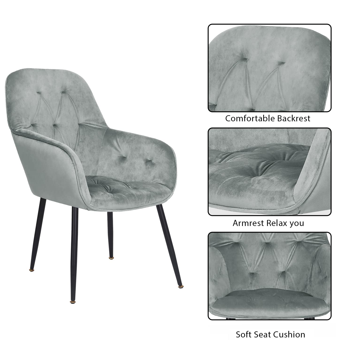 Velvet Dining Chairs Set of 2 - Mid Back Tufted Accent Arm Chairs with Black Metal Legs - Modern Upholstered Leisure Chairs for Living Room, Home Office, Dining Room & Desk (Grey) - Perfect for Small Spaces, Apartments and Cozy Reading Nooks