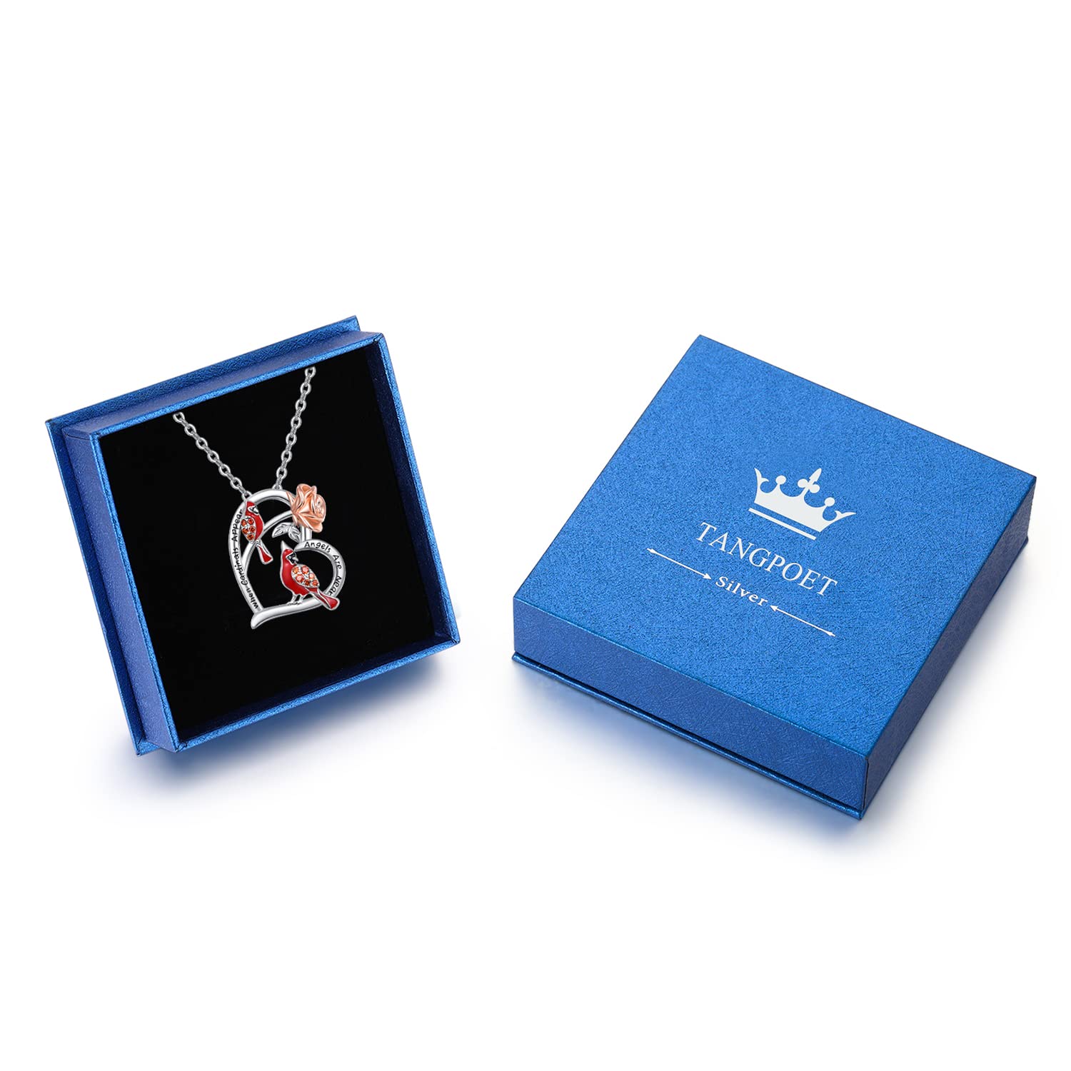 TANGPOET 925 Sterling Silver Cardinal Necklace - Memorial Jewelry Gift for Women, Heart Pendant with 'When Cardinals Appear Angels Are Near' Message - Perfect Birthday, Christmas, Anniversary Present for Her - Ideal for Remembrance, Spiritual Comfort & Special Occasions