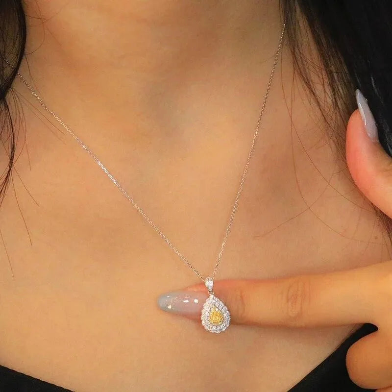 18K White Gold Real Yellow Natural Diamond Vintage Droplet Pendant Necklace for Women - Elegant Wedding, Anniversary & Special Occasion Jewelry Gift