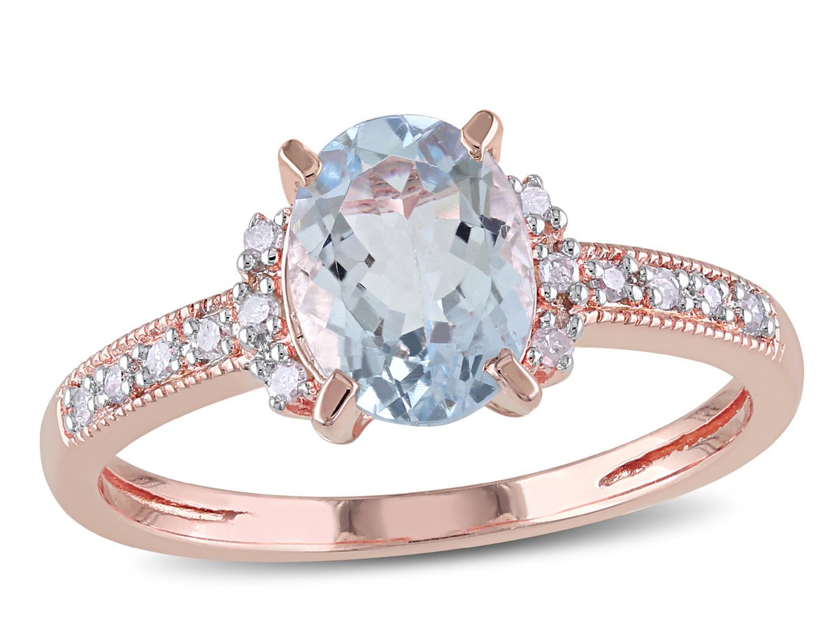 1.00 Carat (ctw) Aquamarine and Diamond Ring in Rose Gold Plated Sterling Silver - Elegant Jewelry for Weddings, Anniversaries & Special Occasions