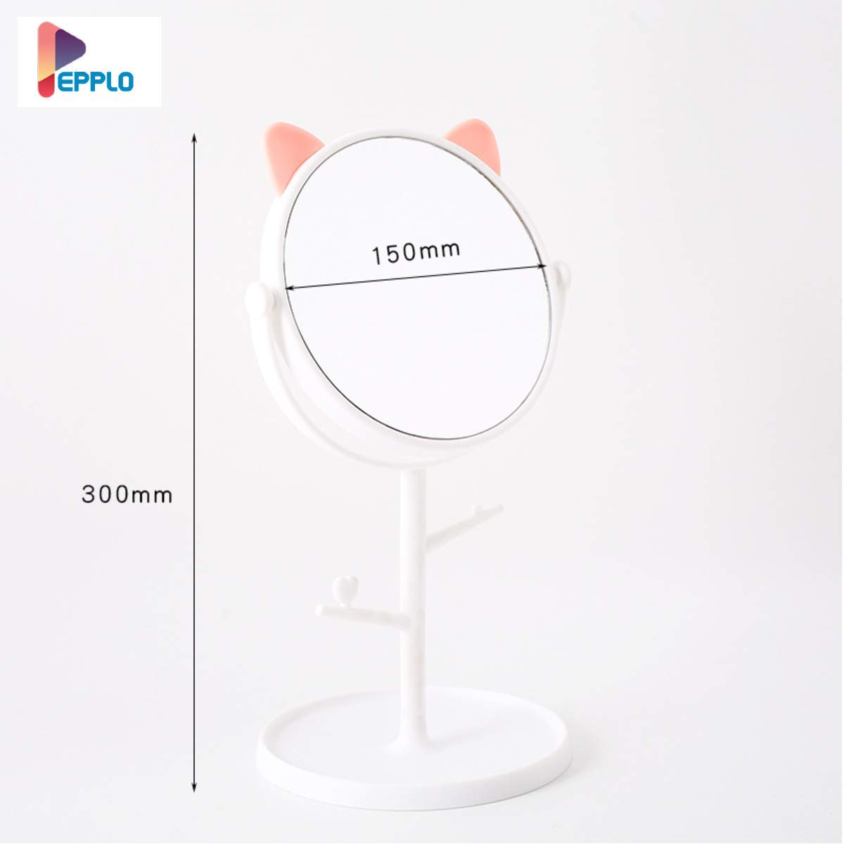Pepplo White Round Framed Glass Tabletop Cat Shape Makeup Mirror - Adjustable Rotating Vanity Mirror for Bathroom, Bedroom & Dressing Table (Free Standing, 1 Piece) - Perfect for Makeup, Shaving & Home Decor