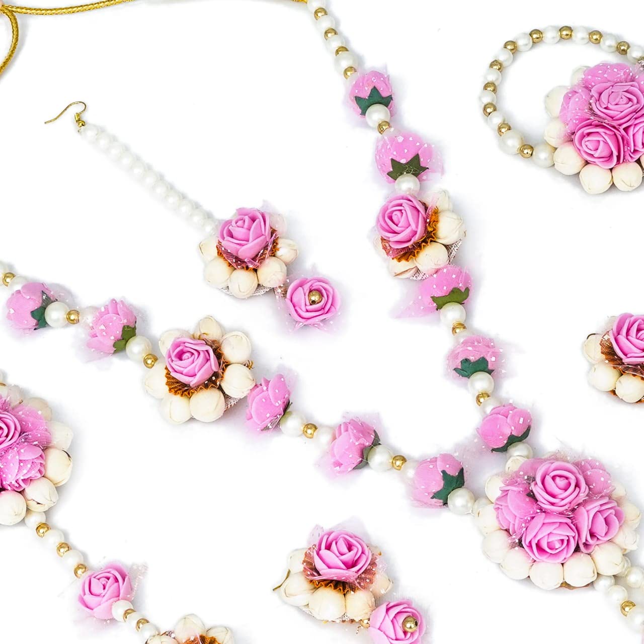 Sanvatsar Handmade Haldi & Mehndi Jewelry Set for Women - Floral Bridal Jewelry Gift (Pink & Orange) for Indian Weddings, Baby Showers & Traditional Ceremonies