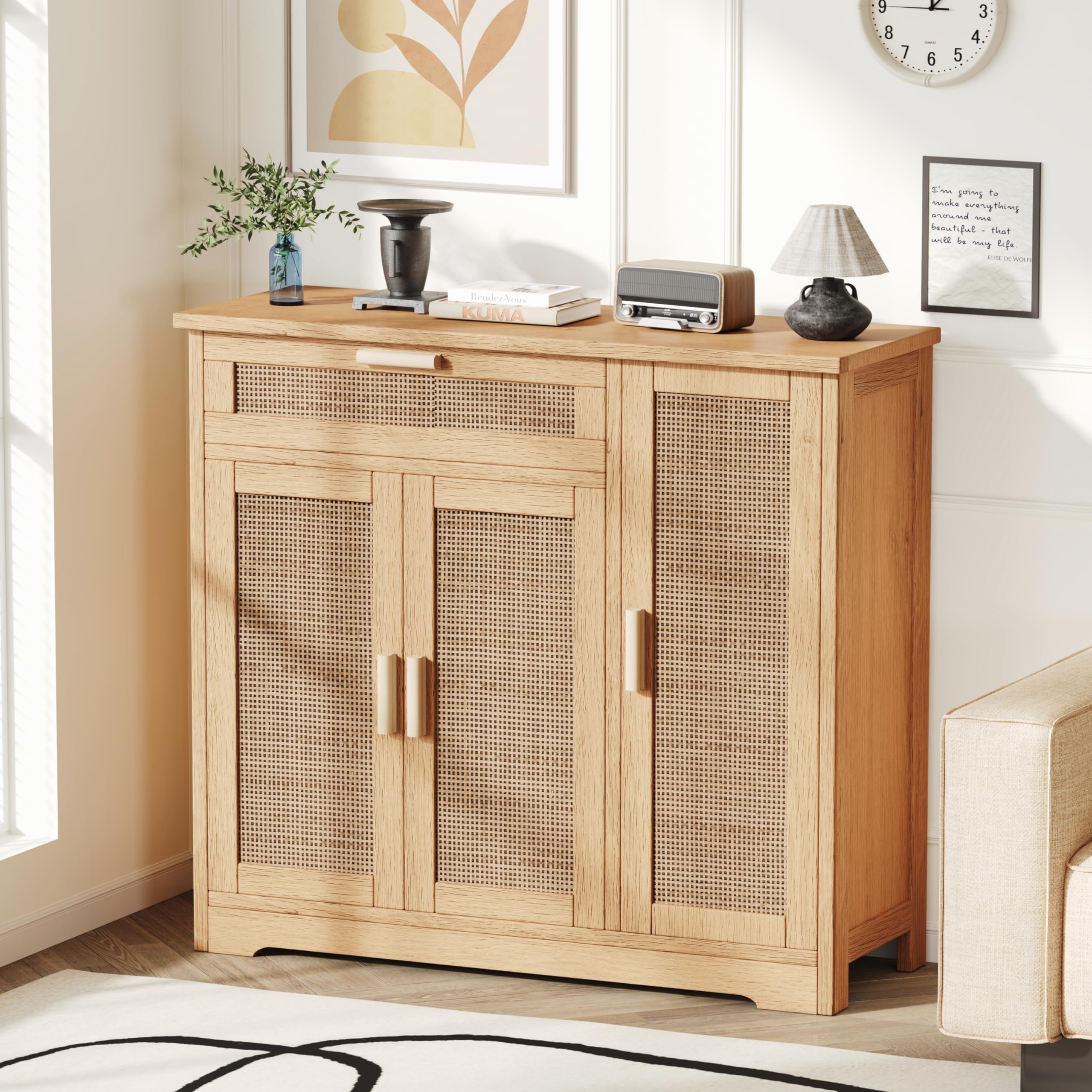Rattan Sideboard Buffet Cabinet with 3 Doors & Drawers - Adjustable Shelf Floor Storage Cabinet for Kitchen, Living Room, Hallway - Natural Wood TV Stand, Dining Room Furniture, Home Decor (KES001MCWG)