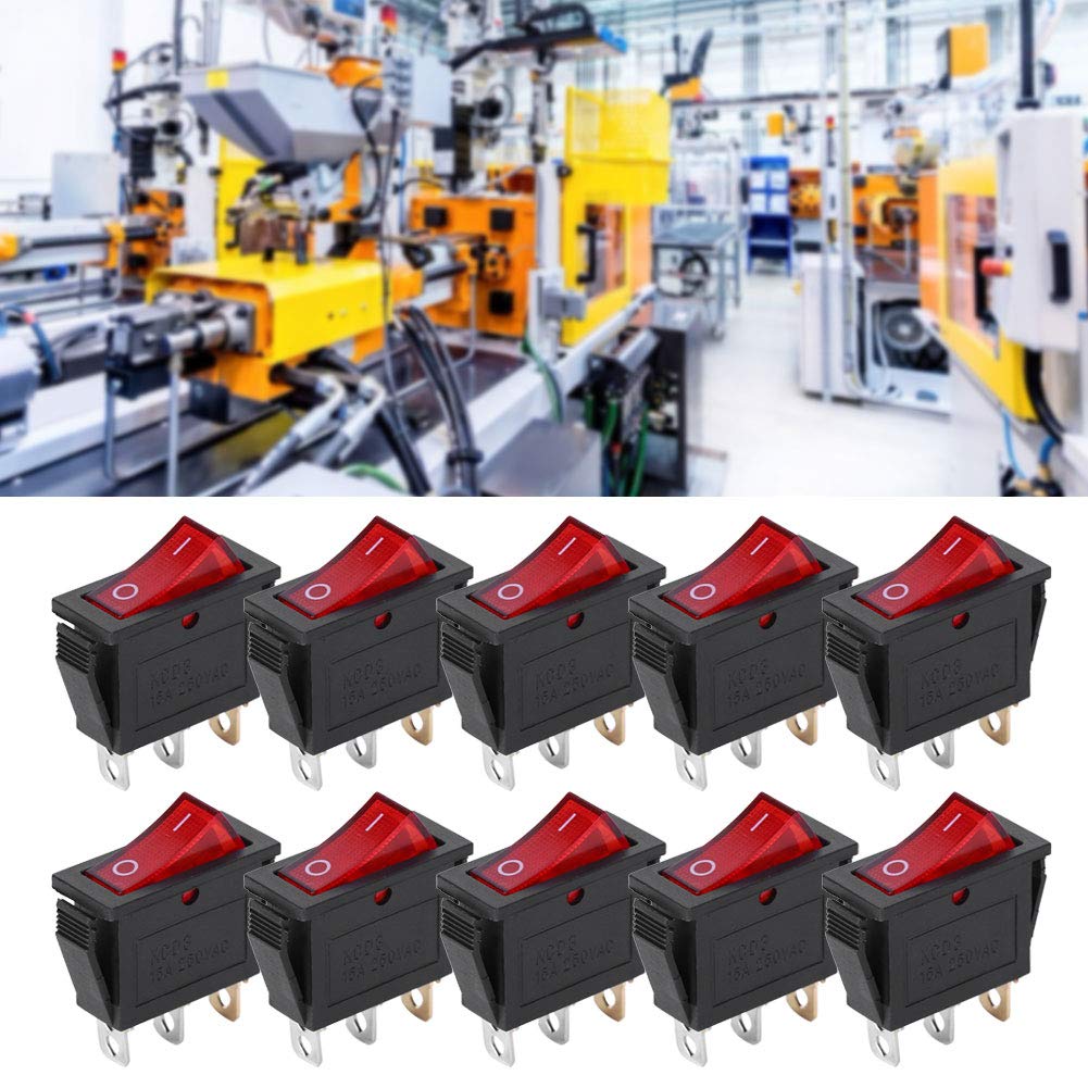 FTVOGUE 10-Pack 3-Pin Rocker Switch ON/OFF with Red LED - 2-Position Toggle Switch for Car, Boat, RV & Household Appliances | KCD3 Series Electronic Components | Perfect for Automotive Dashboards, Marine Control Panels & DIY Electronics Projects