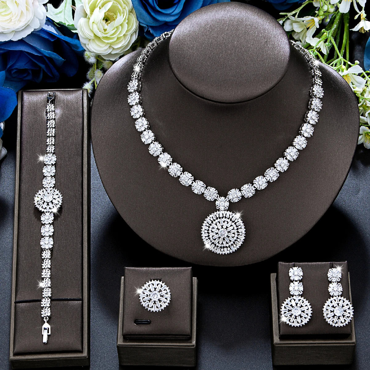 Elegant African Zirconia Bridal Jewelry Set - 4 Piece Necklace, Bracelet, Earrings & Ring for Wedding, Engagement & Special Occasions