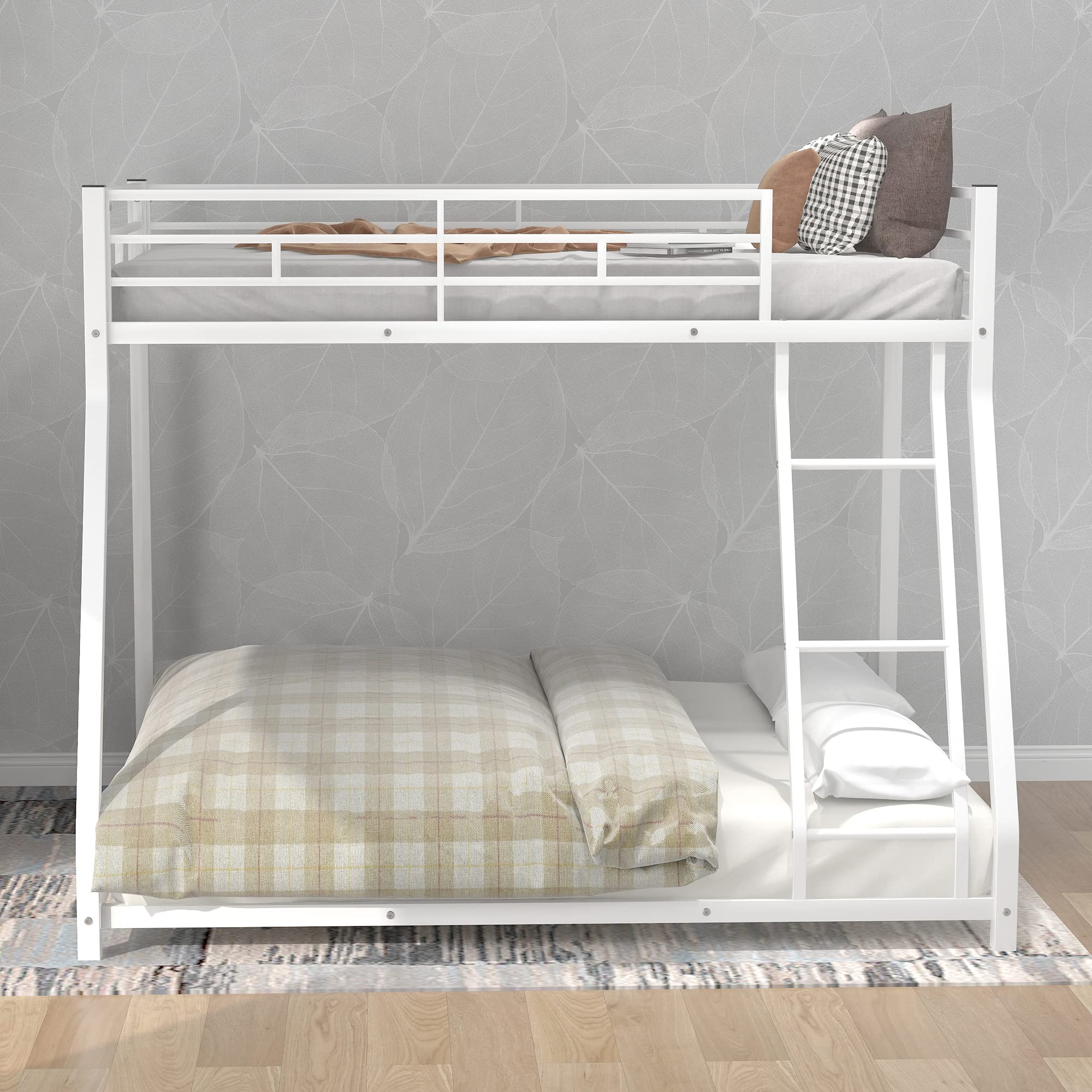 Harper & Bright Designs Twin Over Full Bunk Bed - Sturdy Metal Bunk Bed Frame with Ladder & Safety Guardrail - Space Saving Low Profile Bunk Bed for Kids Teens Adults - Perfect for Small Bedrooms, Guest Rooms & Vacation Homes (White)