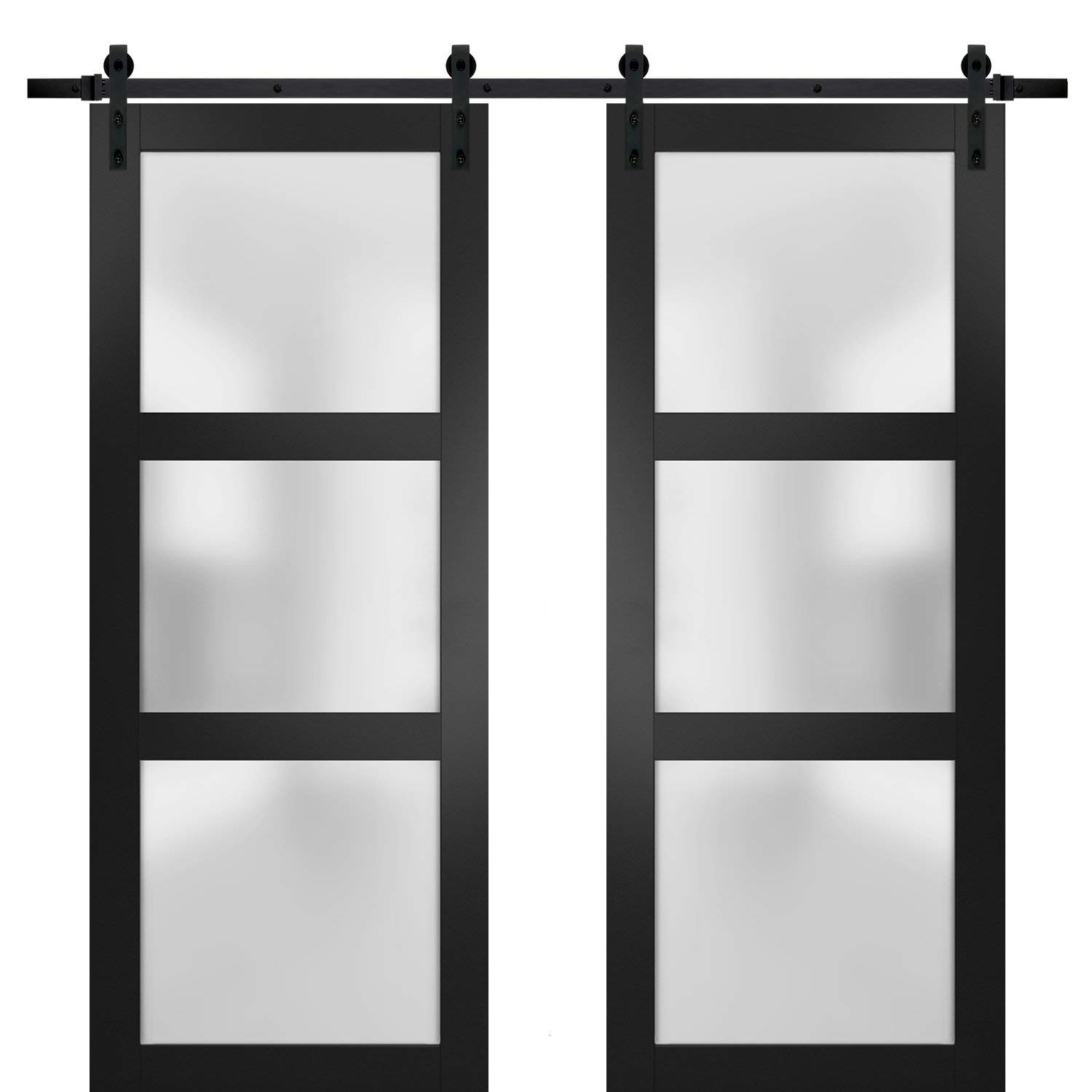 Sturdy 36x84 Inch Double Barn Doors with Frosted Glass - Matte Black Lucia 2552 Design | Heavy Duty Top Mount 13FT Rail Hangers | Solid Panel Interior Doors for Bedroom, Closet & Farmhouse Style Homes