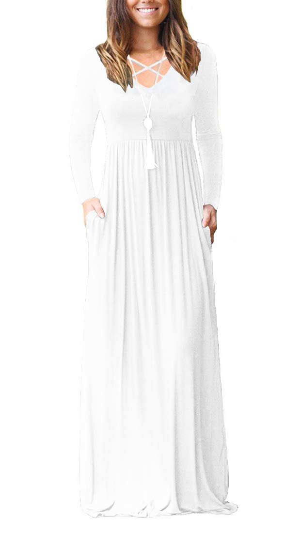 LILBETTER Women's Long Sleeve Maxi Dress - Loose Fit Casual Plain Long Dress with Pockets | Perfect for Everyday Wear, Beach Cover Up & Boho Style Outfits
