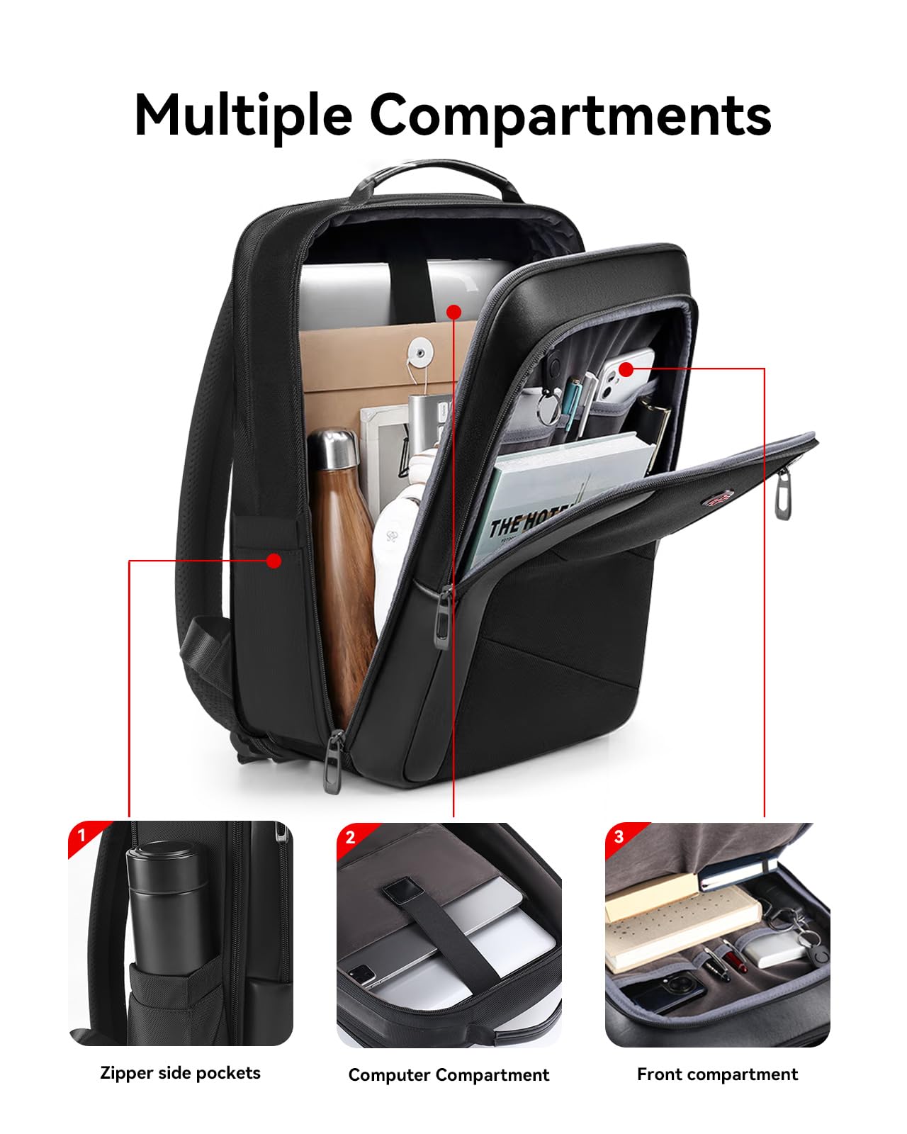 Men's Water Resistant Business Backpack - Durable Travel & Commuter Laptop Backpack with 180° Opening - Black Daypack for Work, Office & College | Perfect for Business Trips, Daily Commute & School