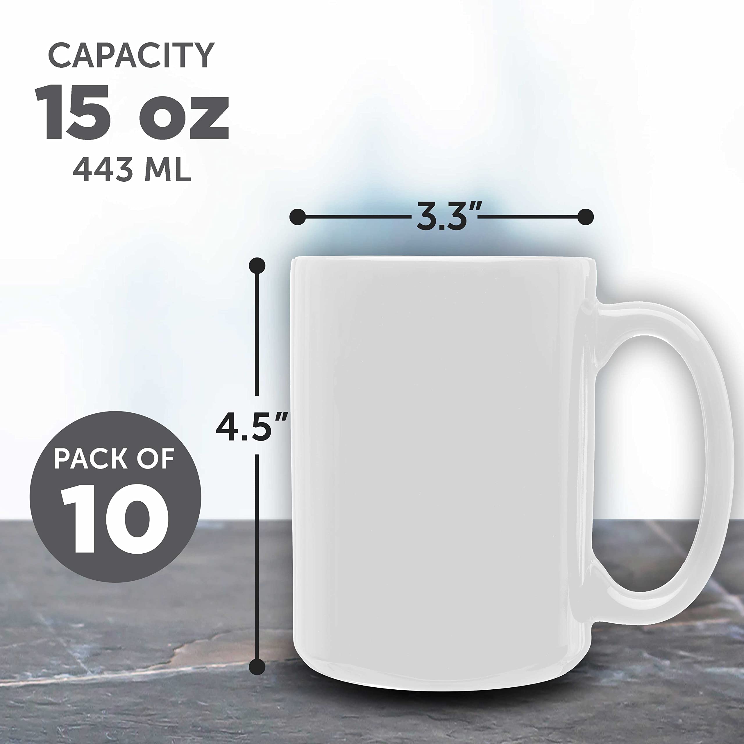 Premium Large Ceramic Coffee Mugs Set of 10 - 15oz Oversized White Mugs for Coffee, Tea & Soup - Durable Restaurant-Grade Cups for Home, Office or Cafe Use