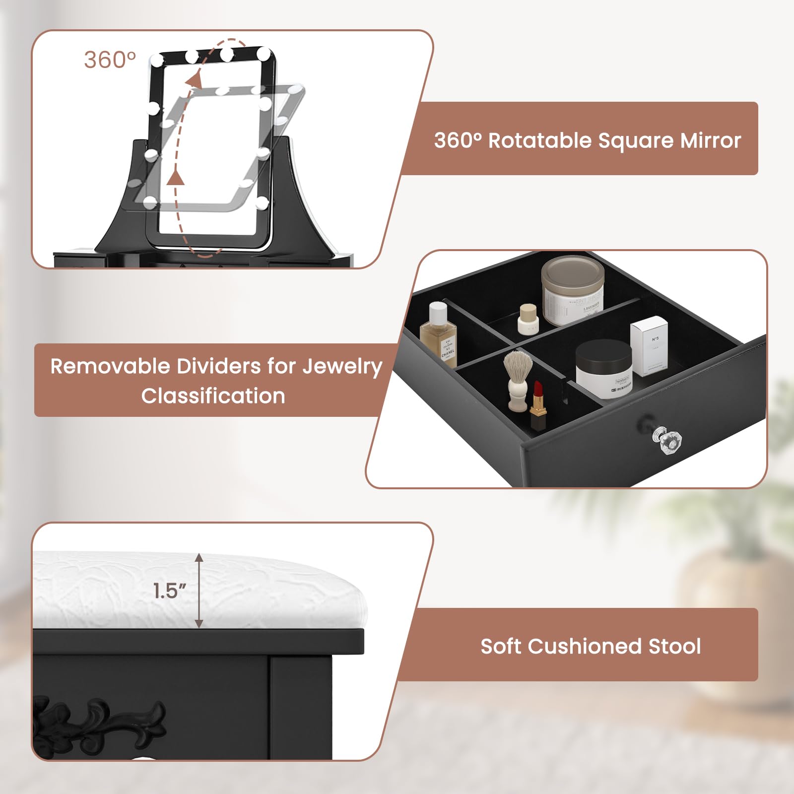 Charmaid Vanity Desk with LED Lights & Mirror - Modern Makeup Dressing Table with 5 Storage Drawers, 3-Color Lighting Modes & Adjustable Brightness - Includes Vanity Stool (Black) - Perfect for Bedroom, Dressing Room & Beauty Salon Setup
