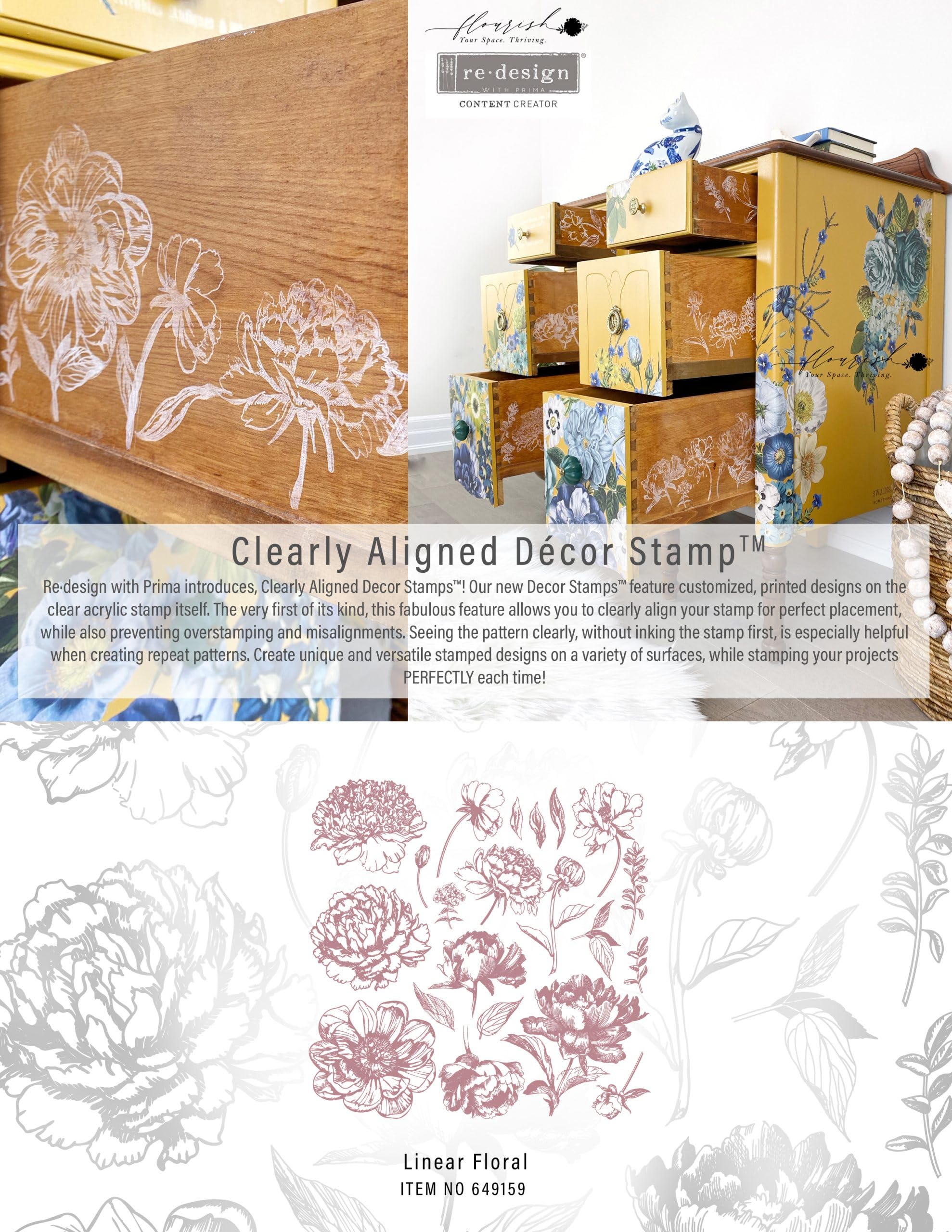 Redesign Decor Clear-Cling Stamps - Linear Floral Wall Decals for DIY Wall Art, Furniture & Home Decor | Perfect for Bedroom Nightstand, Vanity Table, Dressing Table & Office Desk | Easy Peel & Stick Design for Wall Painting & Home Makeover