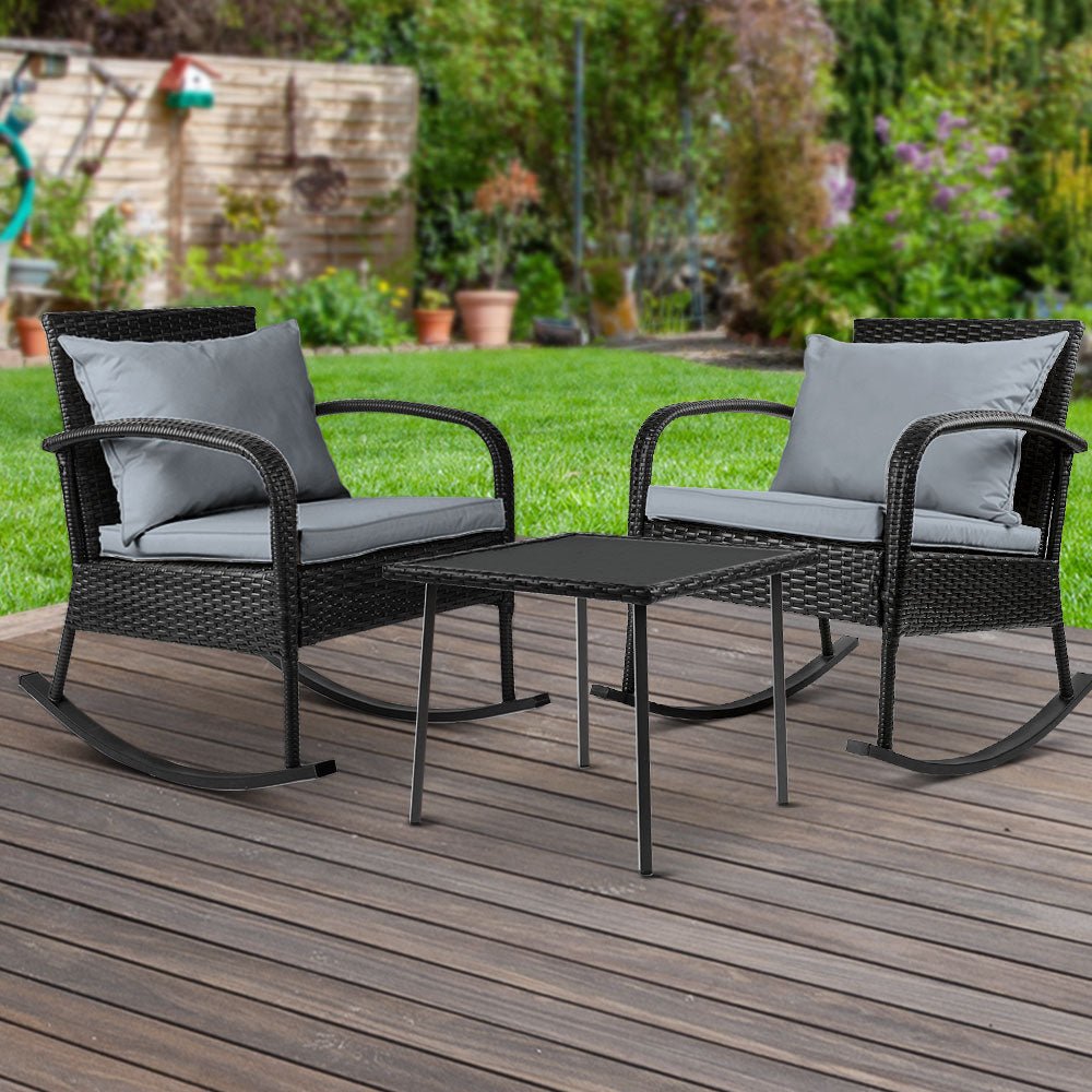 3-Piece Wicker Rocking Chair Patio Set with Table - Black Outdoor Furniture for Garden, Porch, and Backyard Relaxation