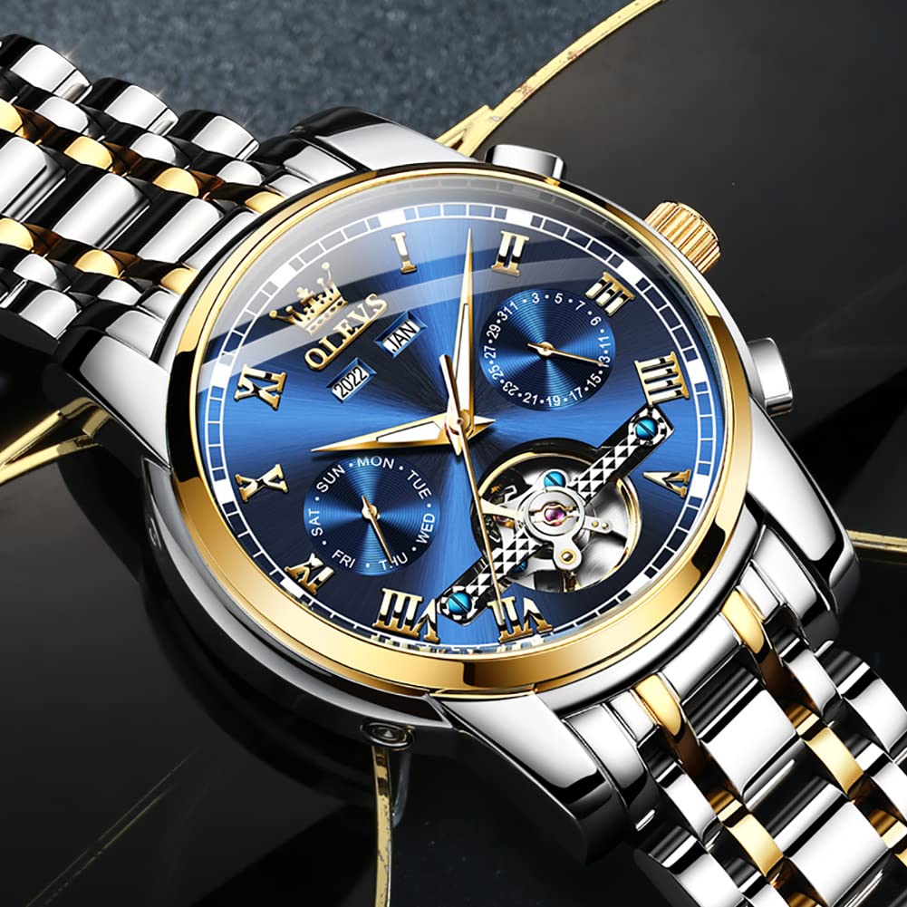 OLEVS Men's Self-Winding Automatic Tourbillon Watch - Luxury Mechanical Dress Watch with Stainless Steel Band, Luminous Hands, Waterproof - Perfect for Business, Formal Events & Gifts