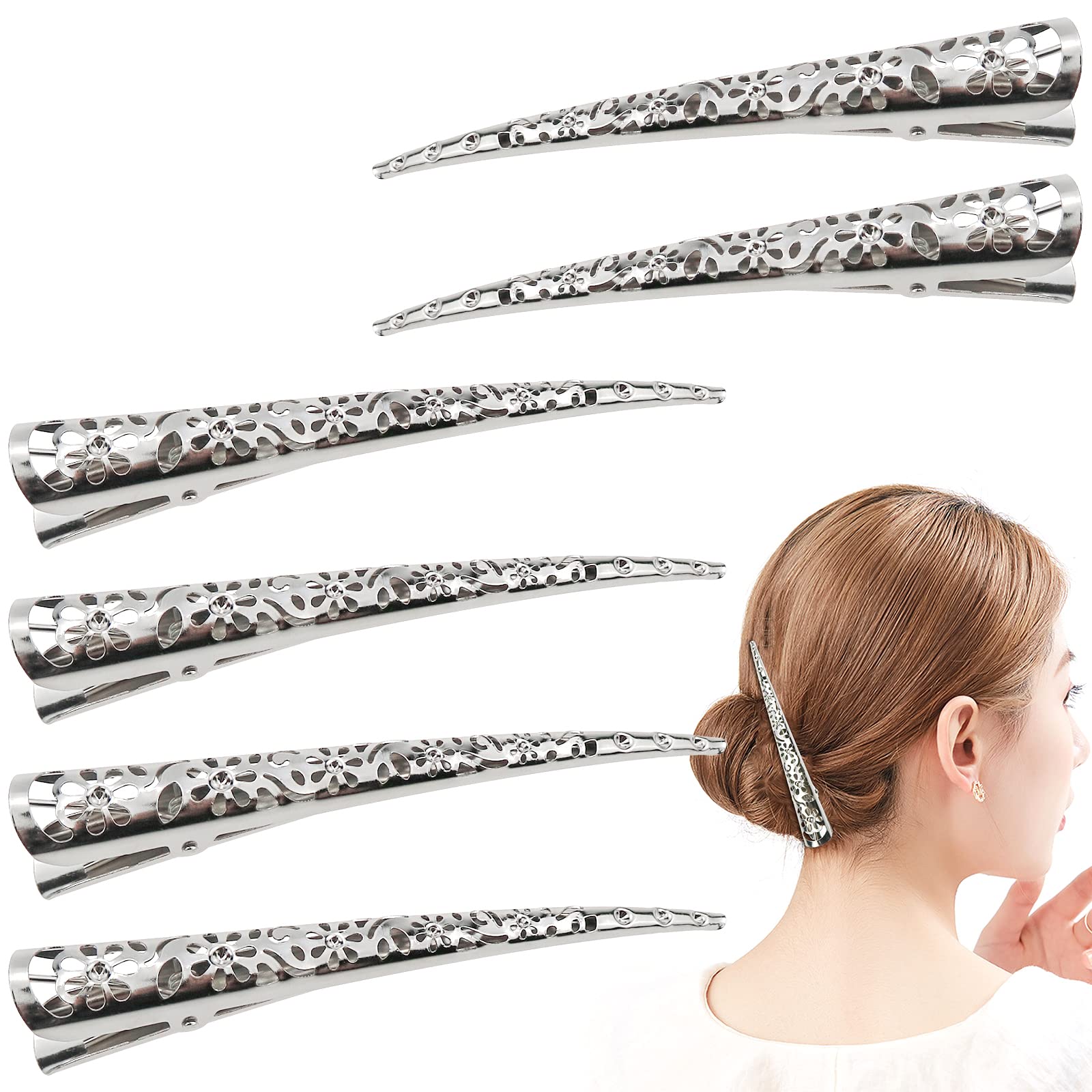 DonLeeving 6 Pcs Duckbill Hair Clips - Hollow Metal Alligator Hair Clips for Women, Non-Slip Hair Barrettes Without Teeth for Styling & Sectioning (Silver) - Perfect for Salon, Home Haircuts & DIY Hairstyles