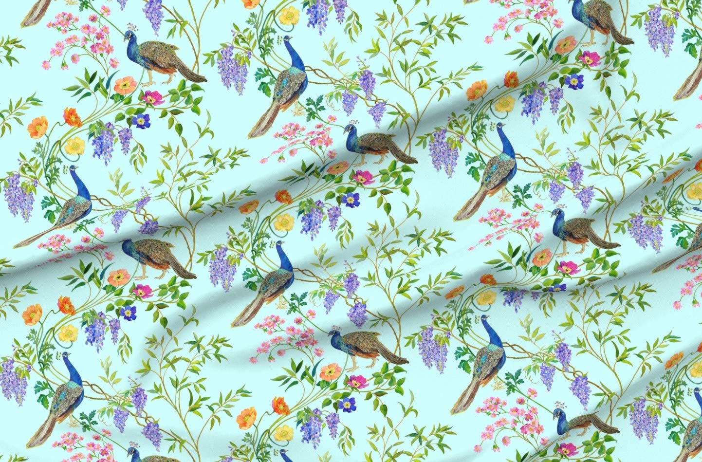 Peacock Chinoiserie Teal Floral Bamboo Printed Minky Fabric by The Yard - Exotic Bird Nature Design for Baby Blankets, Quilt Backing & Plush Toys - Soft Sewing Material for Nursery Decor & DIY Crafts