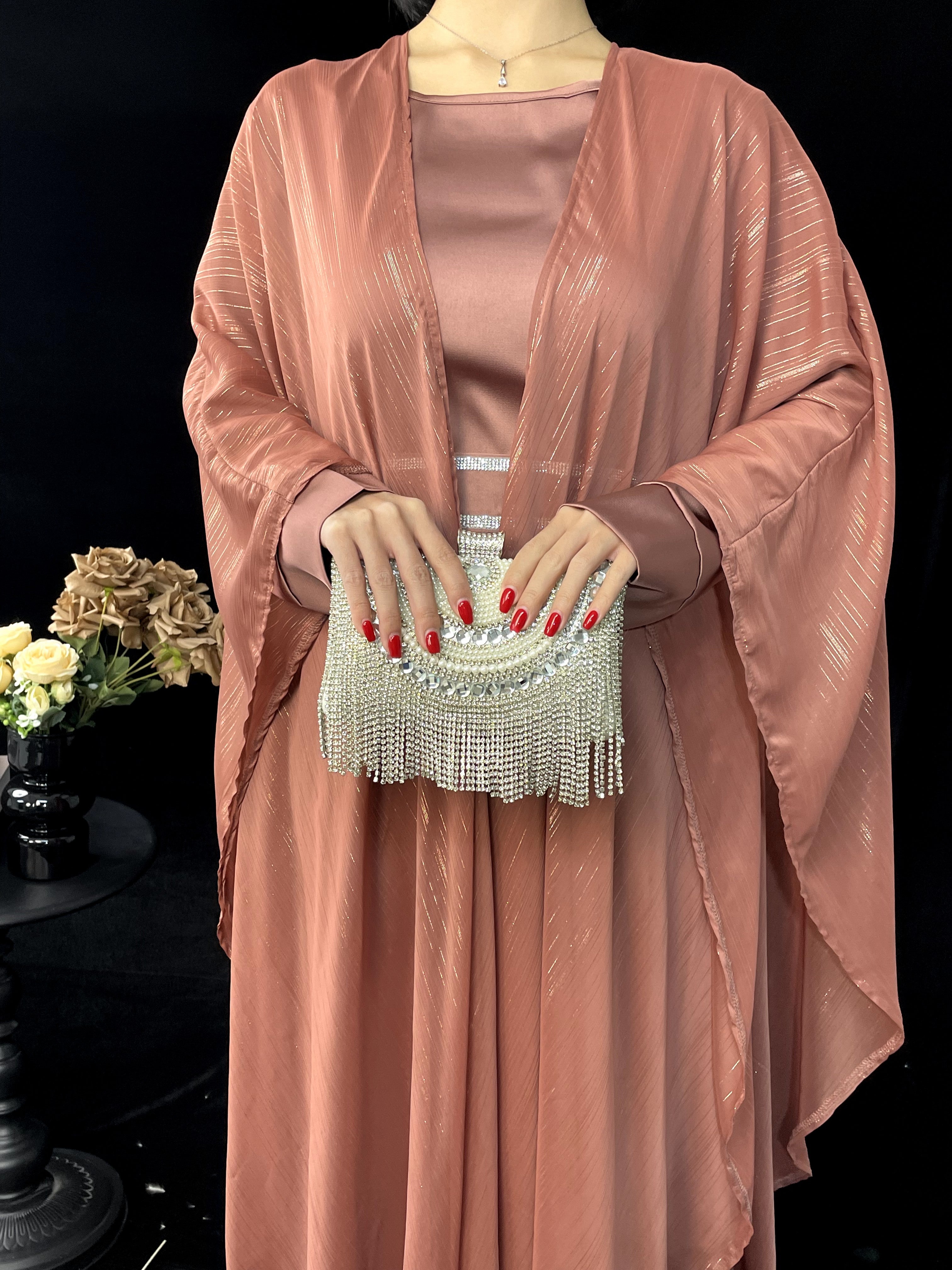Luxe Gold Thread Abaya Set - Shimmer Cardigan & Loose Abaya Duo for Women | Modest Day to Night Outfits | Perfect for Prayer, Work, and Special Occasions