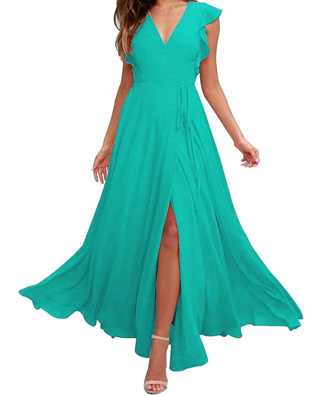 Elegant V-Neck Ruffled Chiffon Prom Dress - Long Formal Evening Gown with Slit for Bridesmaids, Homecoming, Cocktail Parties & Special Occasions