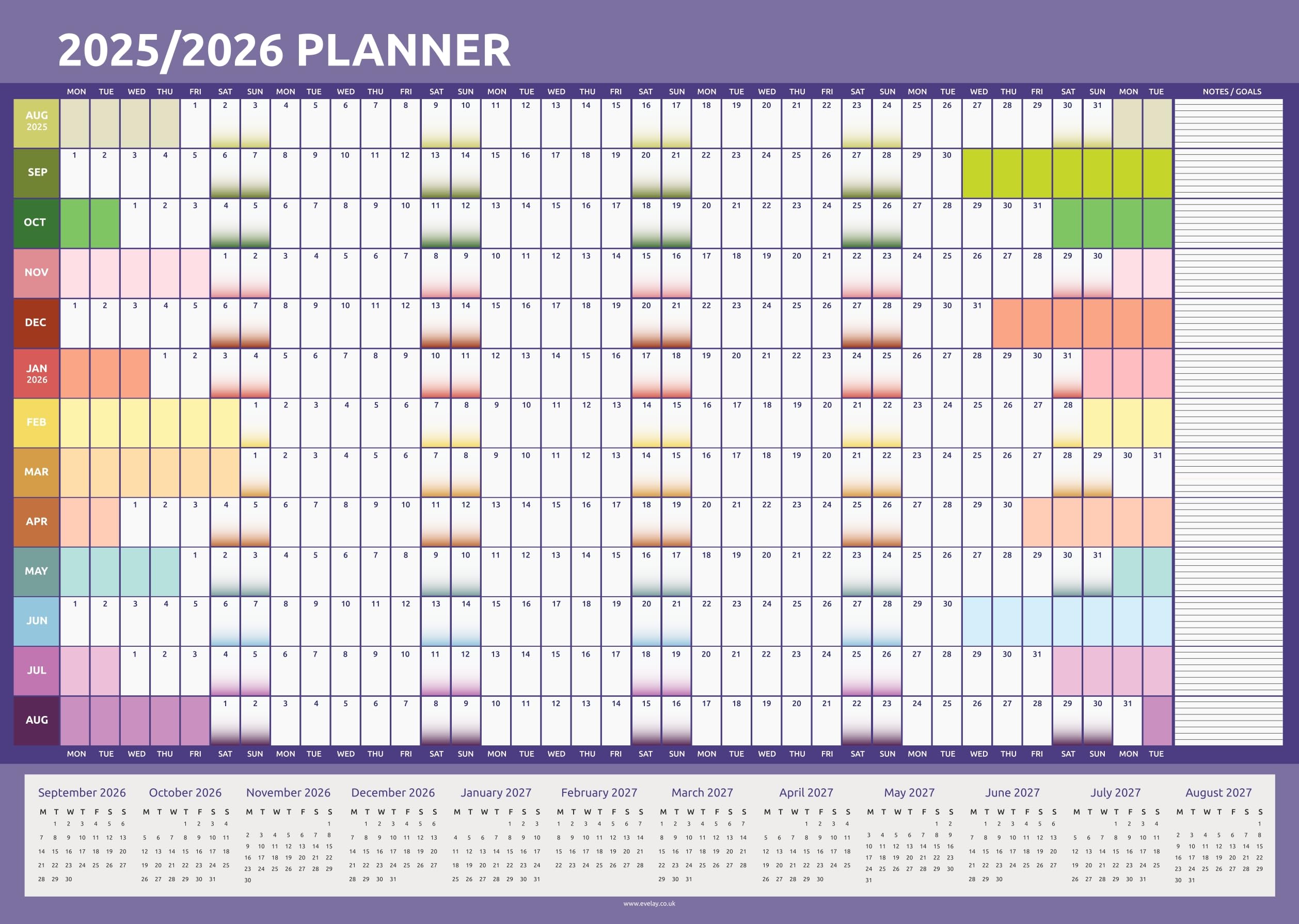 Evelay 2025-2026 Academic Wall Planner - A3 Size (42.0 x 29.7cm) School Calendar Organizer for Students & Teachers - Rainbow Color - Perfect for Classroom, Office, and Home Planning