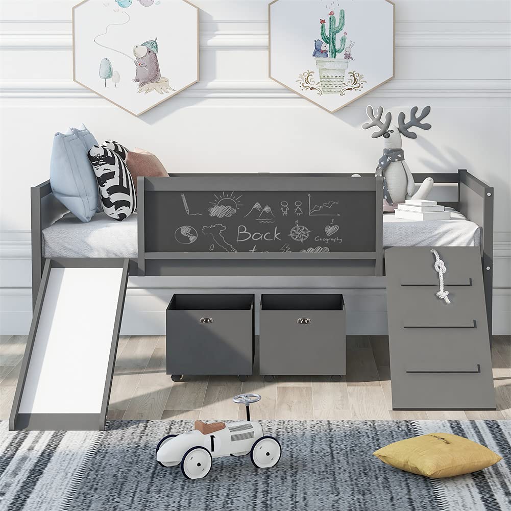 **Twin Size Wooden Loft Bed for Kids with Storage & Slide - Low Height, No Box Spring Needed - Perfect for Small Bedrooms & Playrooms (Gray)**