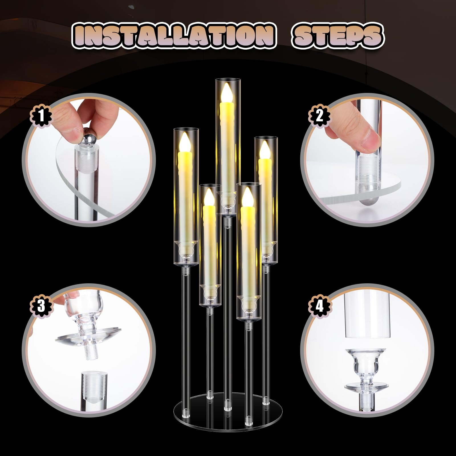 5-Arm Acrylic Clear Candelabra Centerpiece Set with LED Candles & Shades - Elegant Table Decor for Weddings, Parties, Fireplace & Dining Room (4 Sets) - Perfect for Romantic Dinners, Holiday Decorations and Special Events