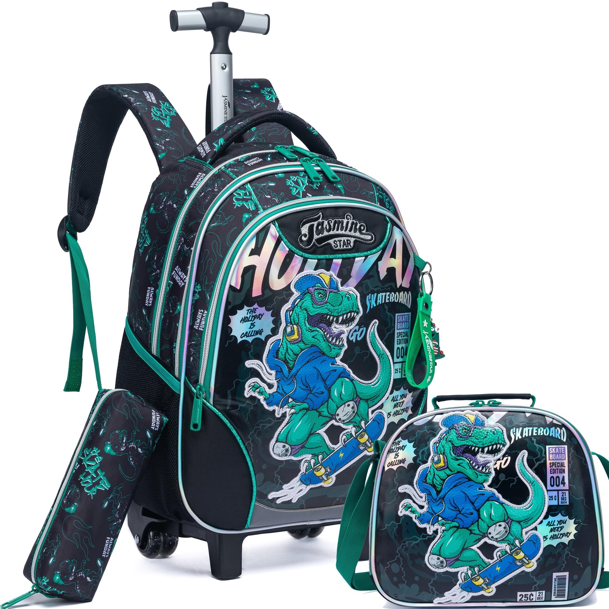 **Meetbelify Dinosaur Rolling Backpack for Boys - 3-in-1 Wheeled School Backpack with Lunch Box, Travel Luggage for Elementary Students (Ages 8-10) - Perfect for School, Travel & Daily Adventures**