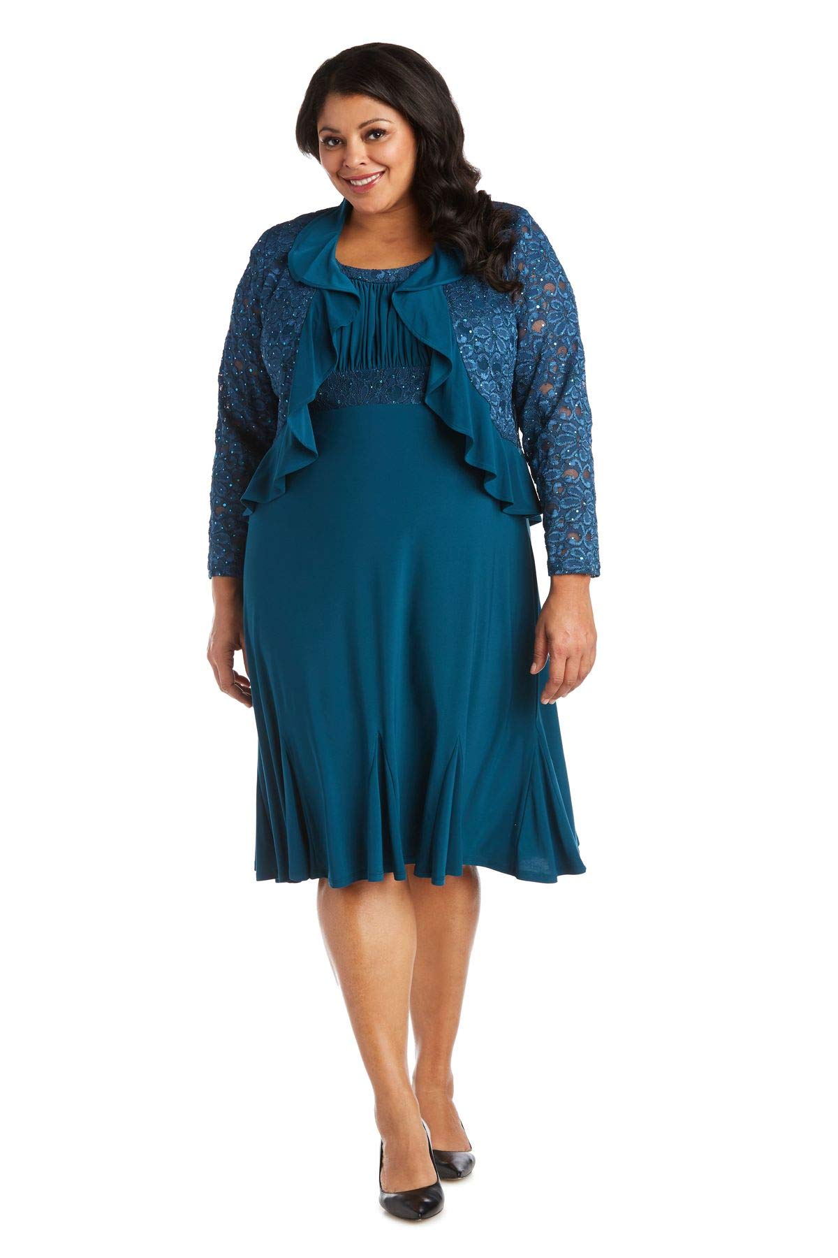 R&M Richards Women's Plus Size 2-Piece Ruffle Jacket & Solid Dress Set - Elegant Outfit for Work, Church & Special Occasions