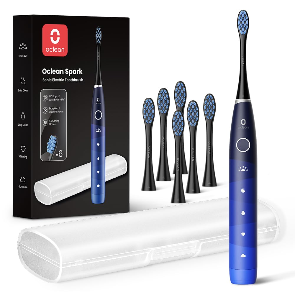 Oclean Electric Toothbrush for Adults - 150 Days Battery Life, USB Rechargeable Sonic Toothbrush with 6 Brush Heads & Travel Case, 5 Cleaning Modes & Smart Timer - Perfect for Travel, Home & Daily Oral Care