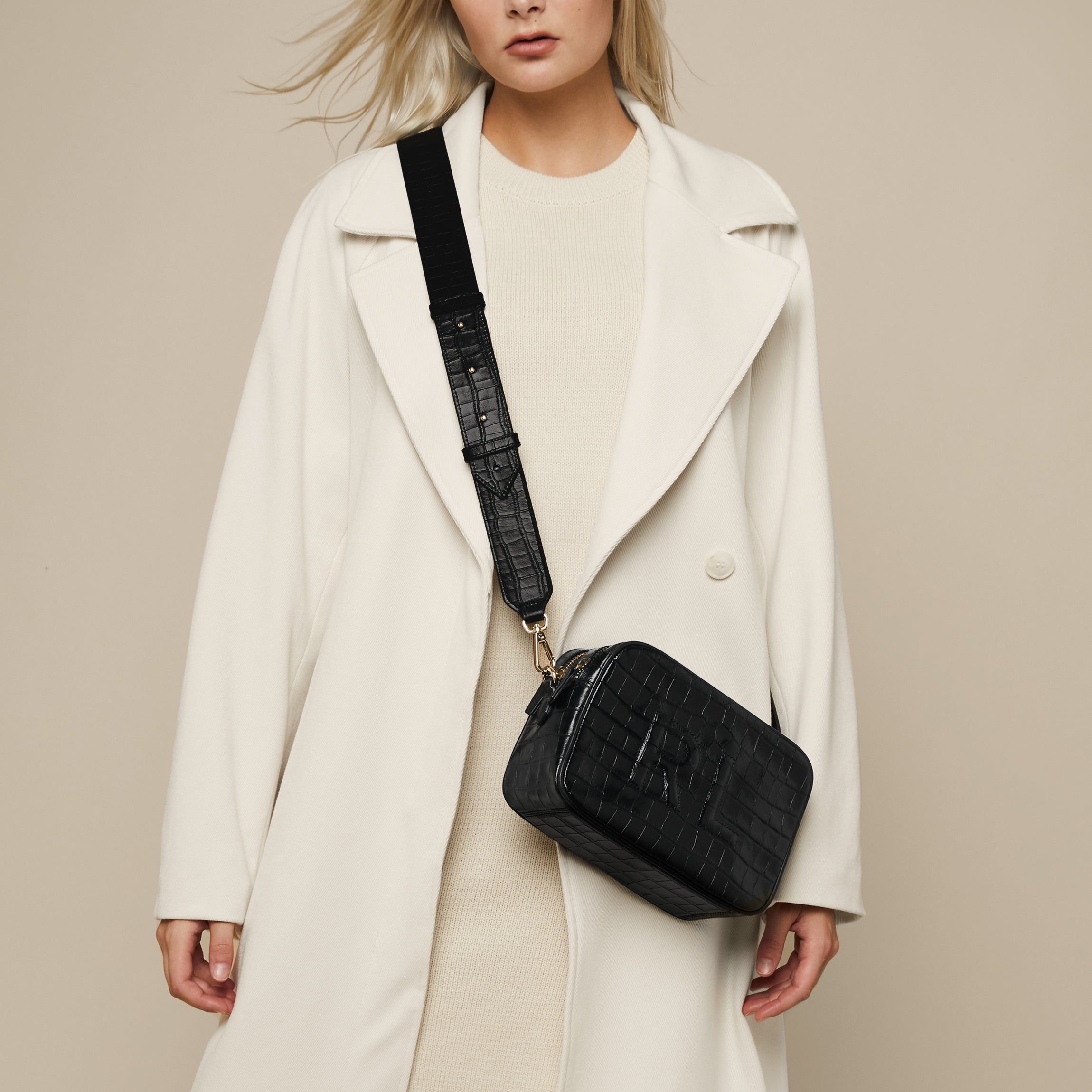 Meadow Double Zip Camera Bag - Black Crocodile Leather Crossbody Bag for Photographers & Travel Enthusiasts | Perfect for DSLR, Mirrorless Cameras & Everyday Essentials