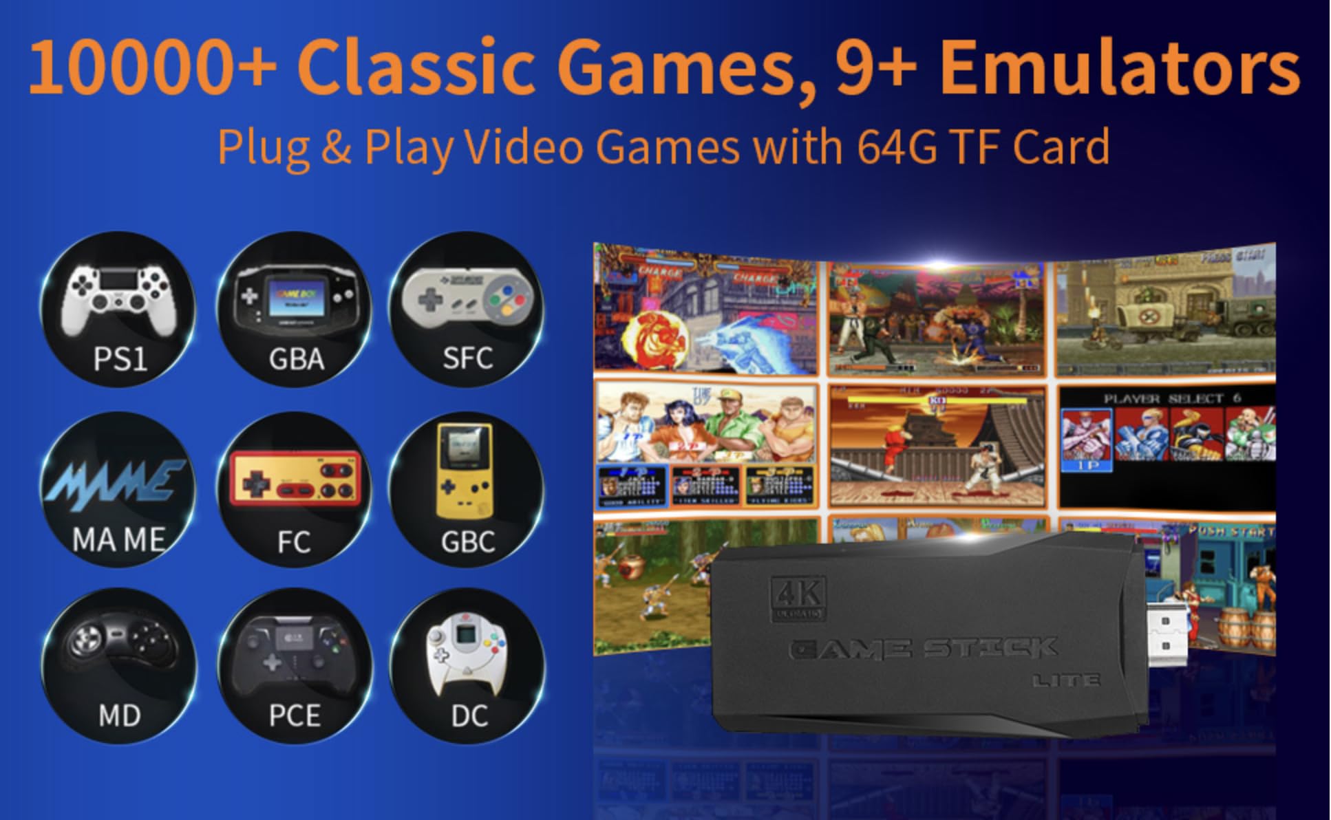 Retro Wireless Game Console with 10000+ Built-in Games - 9 Classic Emulators, Plug & Play HDMI Video Game Stick for Kids & Adults - Perfect for Family Game Nights & Nostalgic Gaming Experience