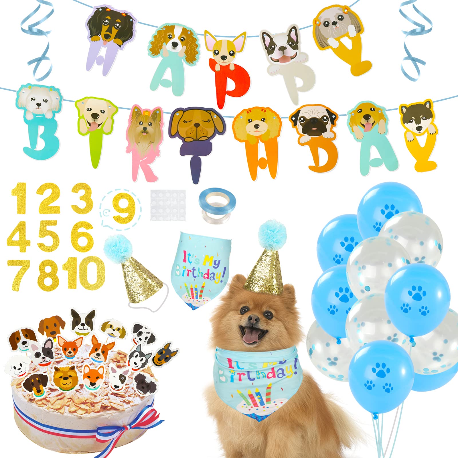 LOVESTOWN 60PCS Dog Birthday Party Decorations Set - Dog Faces Banner, Bandanas & Hats for Dog Theme Parties, Pet Birthday Supplies - Perfect for Dog Birthday Celebrations, Puppy Showers & Pet Adoption Events