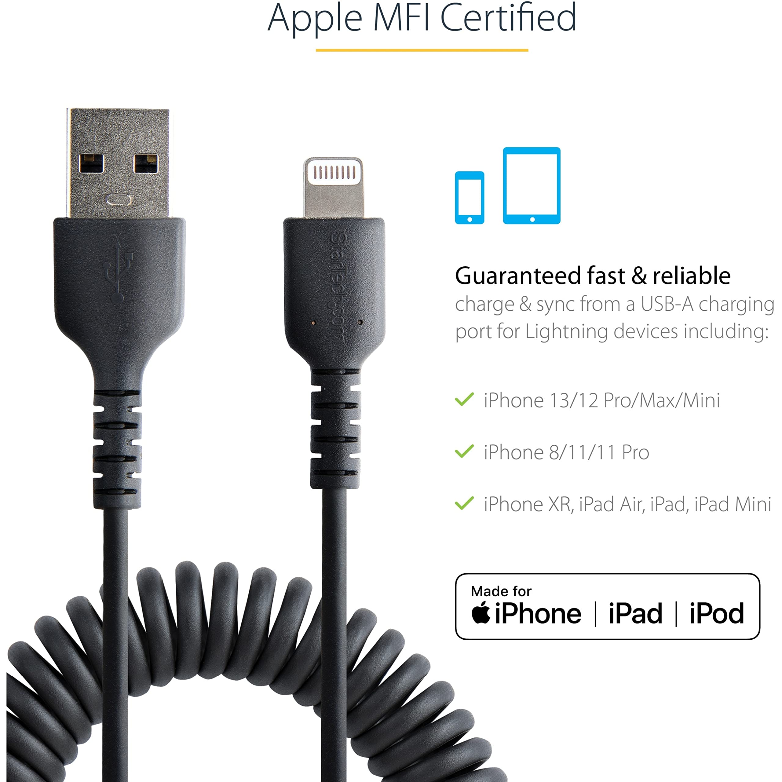 StarTech.com 20in USB to Lightning Cable MFi Certified - Coiled iPhone Charger Cable for iPhone 14/13/12/11/X/8/7 - Durable TPE Jacket & Aramid Fiber - Heavy Duty Coil Design - Perfect for Home, Office, Car Charging & Travel Accessories (RUSB2ALT50CMBC)